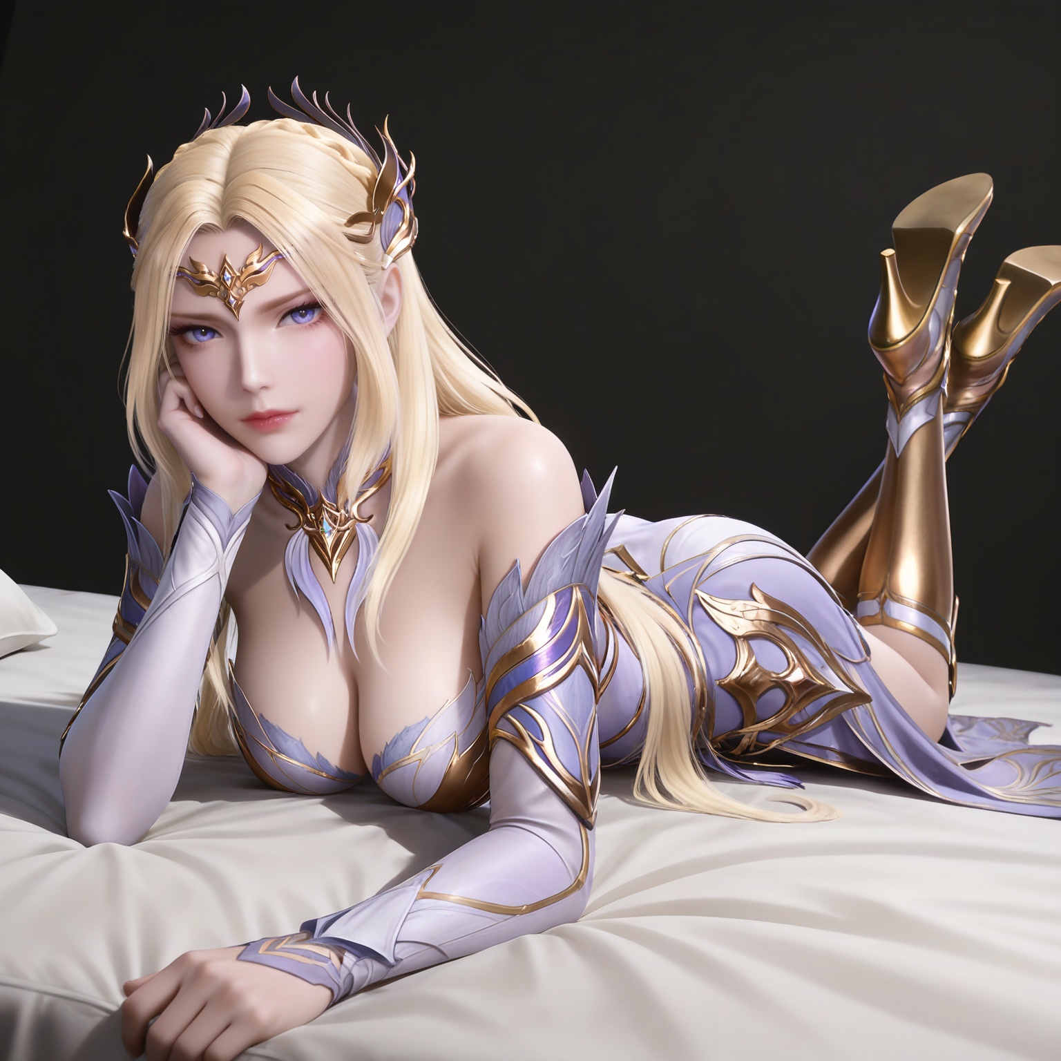masterpiece,high quality,tall,game cg,highres,(white_skin:0.6),(shiny_skin:0.6),(realistic:1.1),looking_at_viewer,lvjing,black_background,simple background,dutch angle,dynamic_angle,,blonde hair,long hair,french braid,hair_ornament,very long hair,crown,qianrenxue laurel crown,blue eyes,qianrenxue white and purple dress,qianrenxue armored dress,detached_sleeves,long_sleeves,armored boots,knee boots,gold footwear,legs,long legs,bed,on_stomach,feet up,full body,large breasts,cleavage,