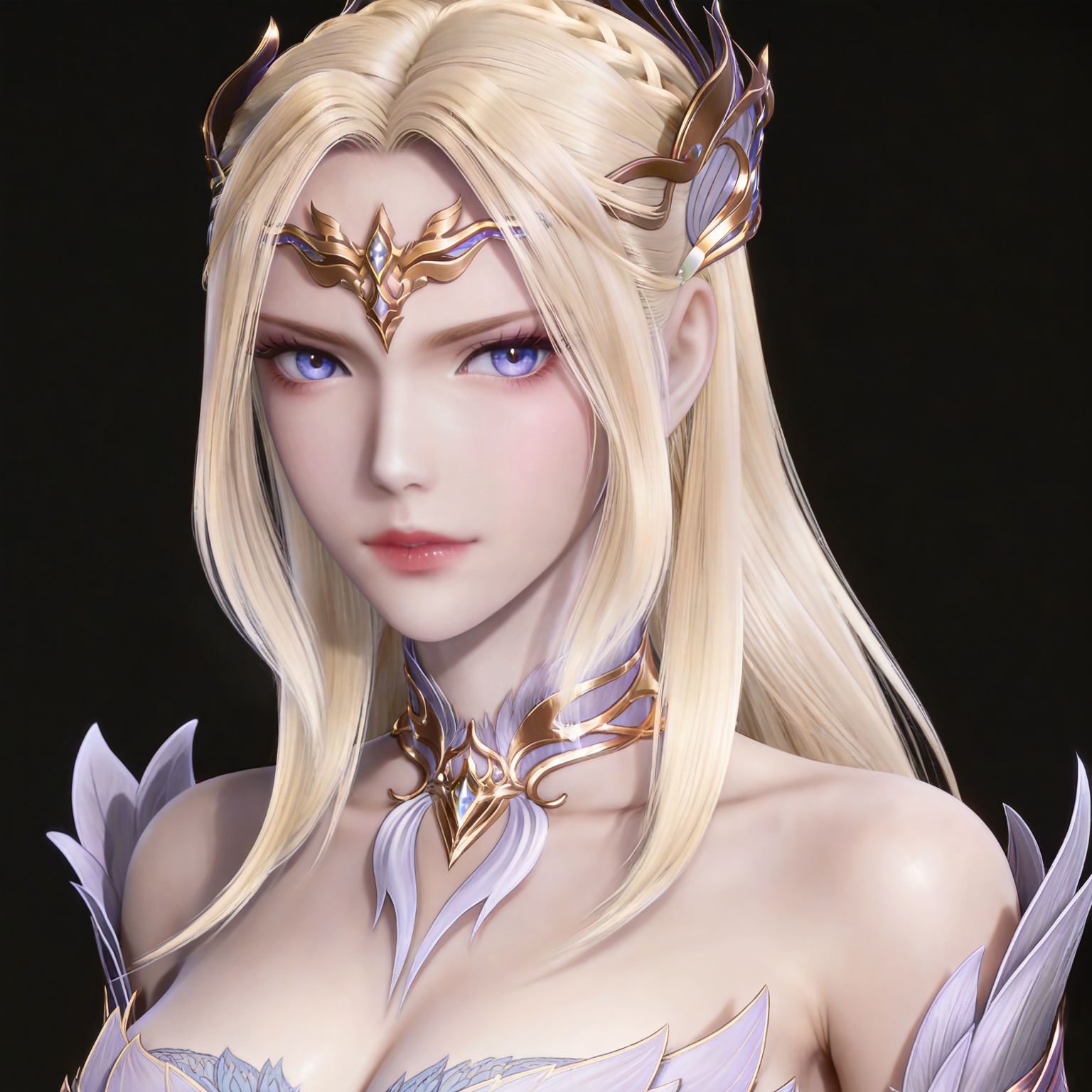 masterpiece,high quality,tall,game cg,highres,(soft light:1.2),(white_skin:0.6),(shiny_skin:0.6),(realistic:1.1),(looking_at_viewer:1.1),lvjing,simple background,,cleavage,large breasts,,blonde hair,long hair,french braid,hair_ornament,very long hair,crown,qianrenxue laurel crown,blue eyes,qianrenxue white and purple dress,qianrenxue armored dress,upper body,black_background,