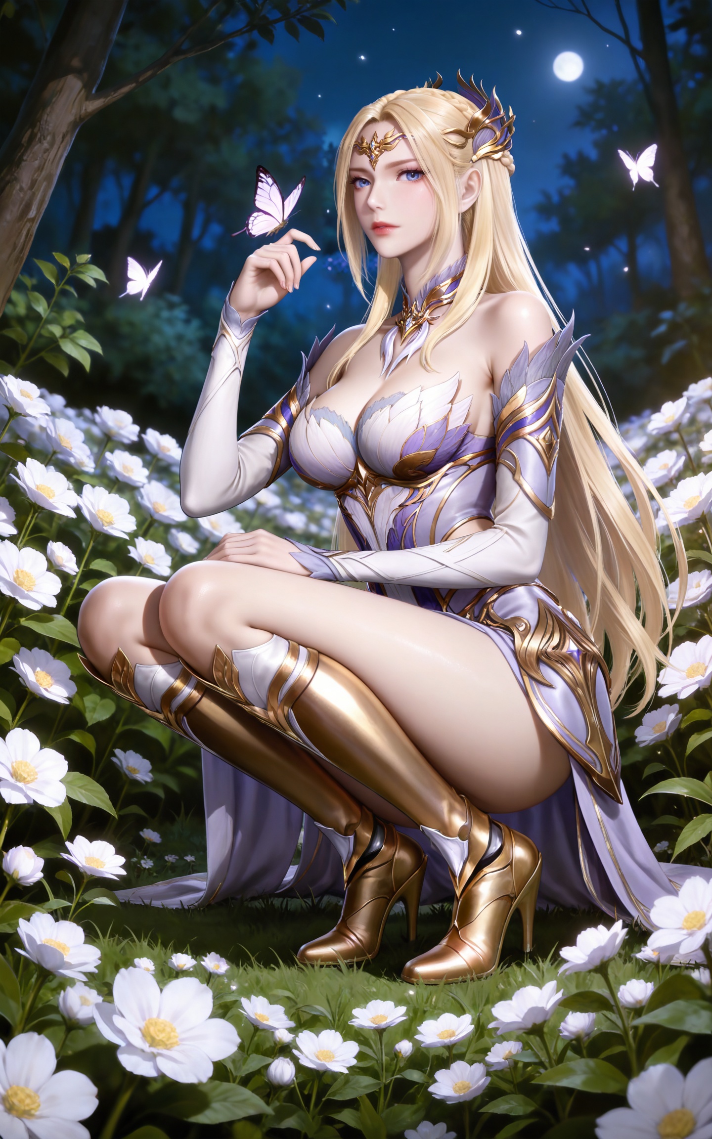 masterpiece,high quality,tall,game cg,highres,(soft light:1.2),(white_skin:0.6),(shiny_skin:0.6),(realistic:1.1),(looking_at_viewer:1.1),lvjing,cleavage,large breasts,blonde hair,long hair,french braid,hair_ornament,very long hair,crown,qianrenxue laurel crown,blue eyes,qianrenxue white and purple dress,qianrenxue armored dress,armored boots,knee boots,gold footwear,detached_sleeves,long_sleeves,full body,long legs,nature,flower field,smoon,night,bug,butterfly,squatting