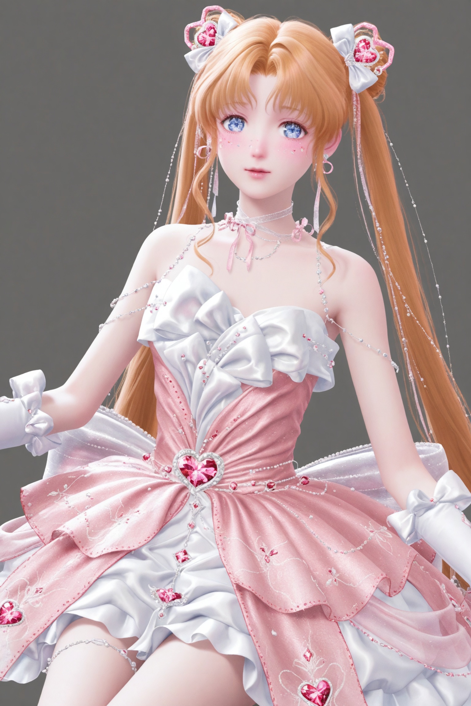 1girl, solo, long hair, looking at viewer, bangs, blue eyes, blonde hair, simple background, hair ornament, dress, bare shoulders, twintails, jewelry, very long hair, earrings, grey background, hair bun, white dress, orange hair, parted bangs, double bun, facial mark, gem, pink dress, tsukino usagi,sitting,leg_spread,