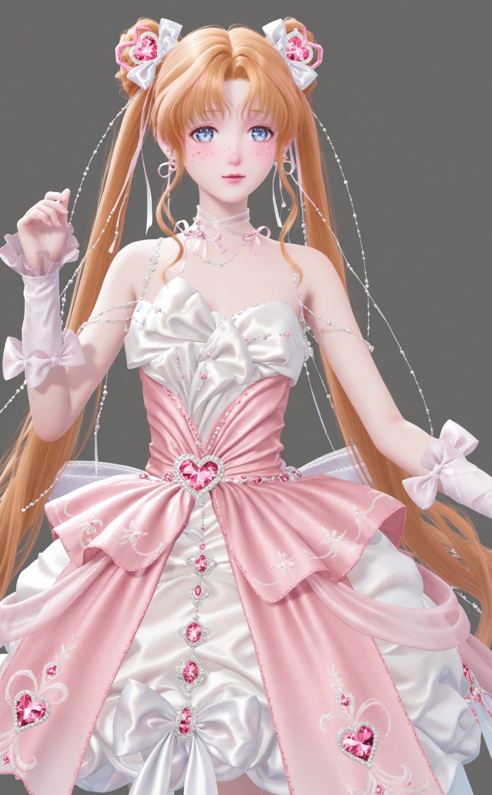 1girl, solo, long hair, looking at viewer, bangs, blue eyes, blonde hair, simple background, hair ornament, dress, bare shoulders, twintails, jewelry, very long hair, earrings, grey background, hair bun, white dress, orange hair, parted bangs, double bun, facial mark, gem, pink dress, tsukino usagi