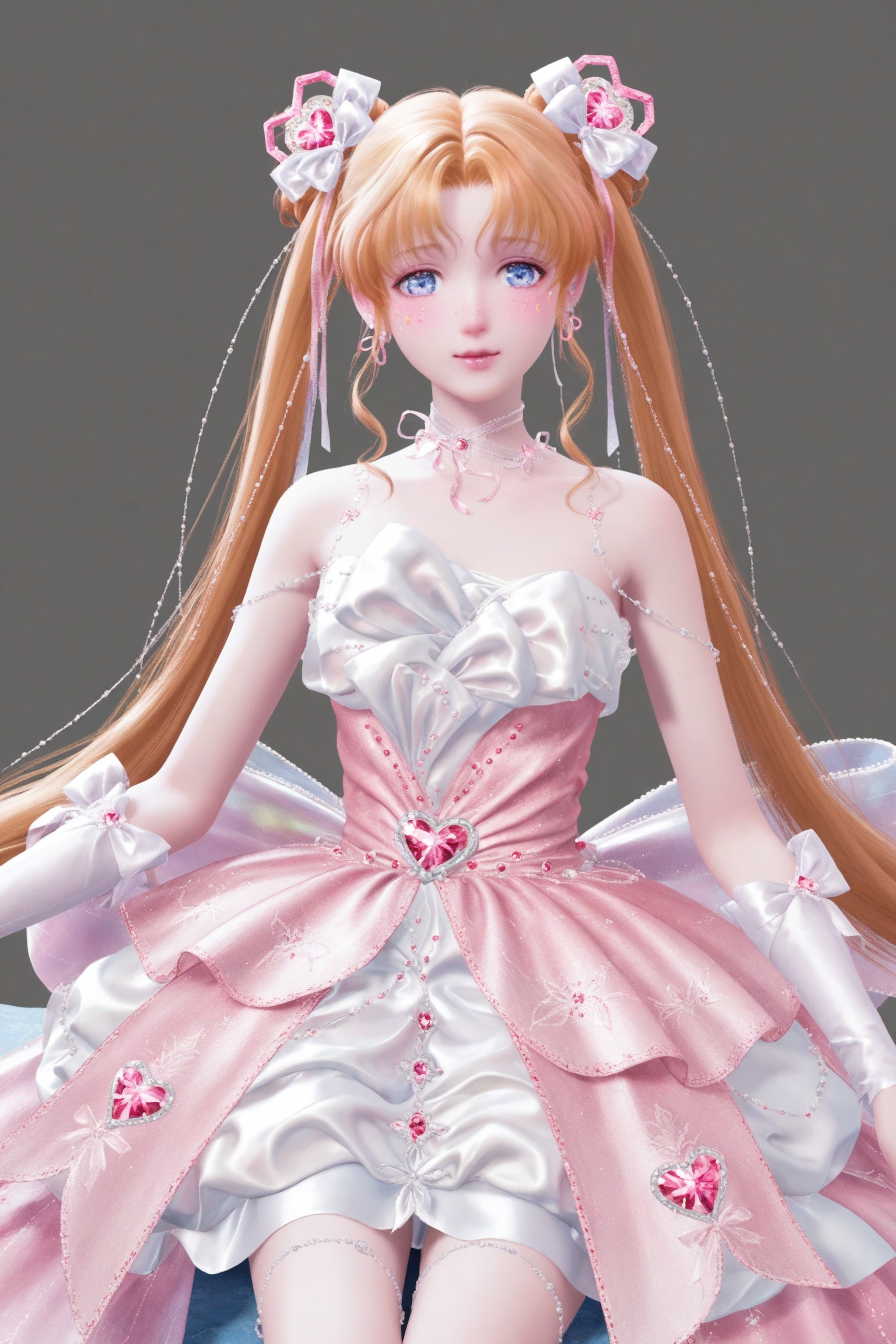 1girl, solo, long hair, looking at viewer, bangs, blue eyes, blonde hair, simple background, hair ornament, dress, bare shoulders, twintails, jewelry, very long hair, earrings, grey background, hair bun, white dress, orange hair, parted bangs, double bun, facial mark, gem, pink dress, tsukino usagi,sitting,leg_spread,