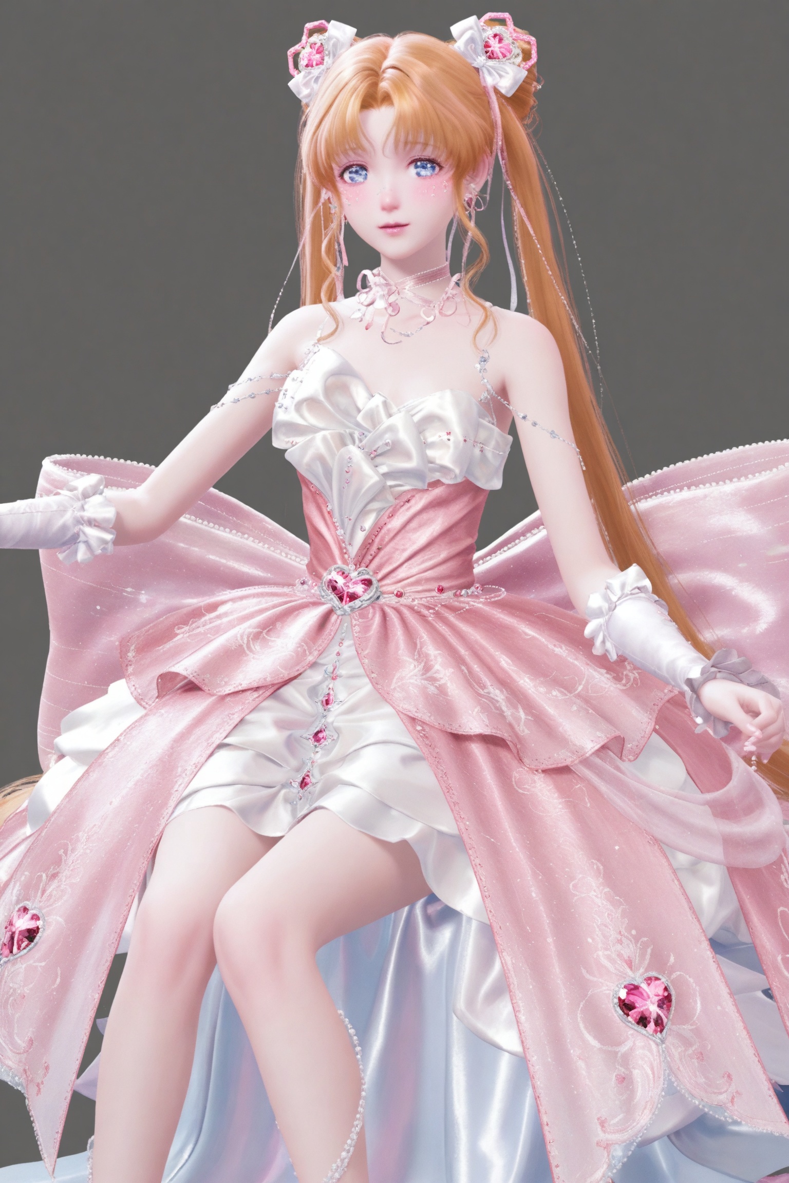 1girl, solo, long hair, looking at viewer, bangs, blue eyes, blonde hair, simple background, hair ornament, dress, bare shoulders, twintails, jewelry, very long hair, earrings, grey background, hair bun, white dress, orange hair, parted bangs, double bun, facial mark, gem, pink dress, tsukino usagi,sitting,leg_spread,