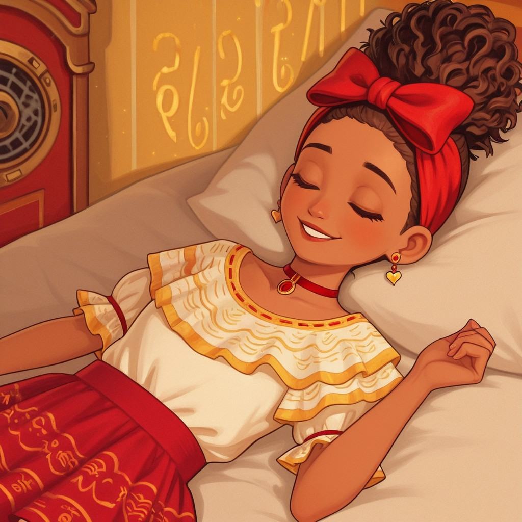 Dolores,  Dark skin,  curly dark brown hair tied in a high bun with a red bow on Tensor.Art