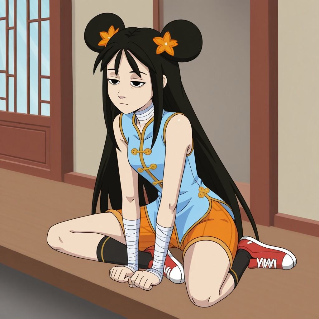 Kailan sits while meditating. In the background is a traditional Chinese home.Kailan,  1 girl,  light skin on Tensor.Art