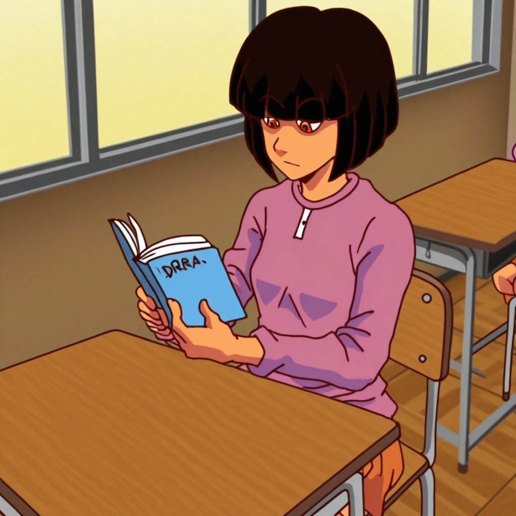 Dora sitting at her desk while reading a book. A classroom in the background. on Tensor.Art