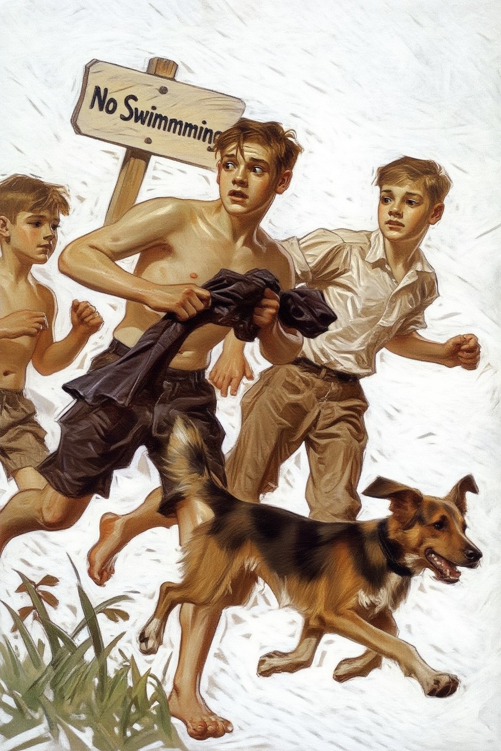 jcleyendecker3z illustration.  
Three boys and a dog are running toward the left. The central boy, shirtless with wet hair, is looking back with a wide-eyed, surprised expression and holds dark clothing. To his right, another boy in a white shirt is looking towards the left. A third shirtless boy is partially visible to the left. A brown and black dog runs beneath their bare feet among sparse green and brown foliage. Behind the central boy's head, a light-colored wooden sign stands, featuring painted text 'No Swimmming'. The scene captures a moment of hurried movement.
