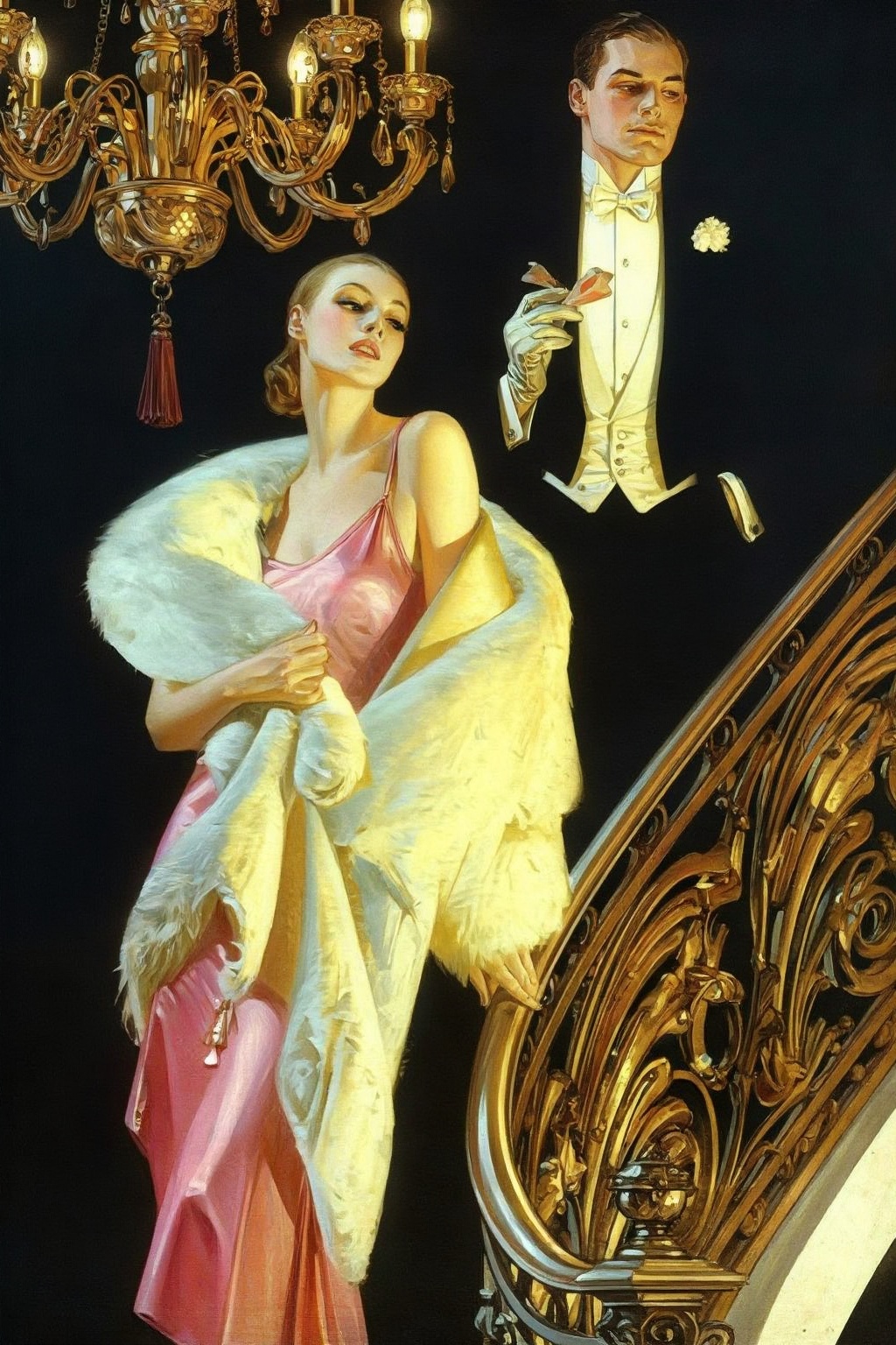 jcleyendecker3z illustration.  
A sophisticated woman, dressed in a light pink slip dress and draped in a voluminous cream fur stole, stands on an ornate golden staircase, casting her gaze slightly upward and to the left. Behind her, a formally dressed man's head, white shirt, bow tie, and gloved hand are partially visible, with him looking forward. He holds a small, light-colored object between his fingers. A grand, multi-tiered golden chandelier with a dark red tassel hangs prominently in the upper left, complementing the elaborate golden railing of the staircase in the lower right. The scene is set against a deep, dark background.
