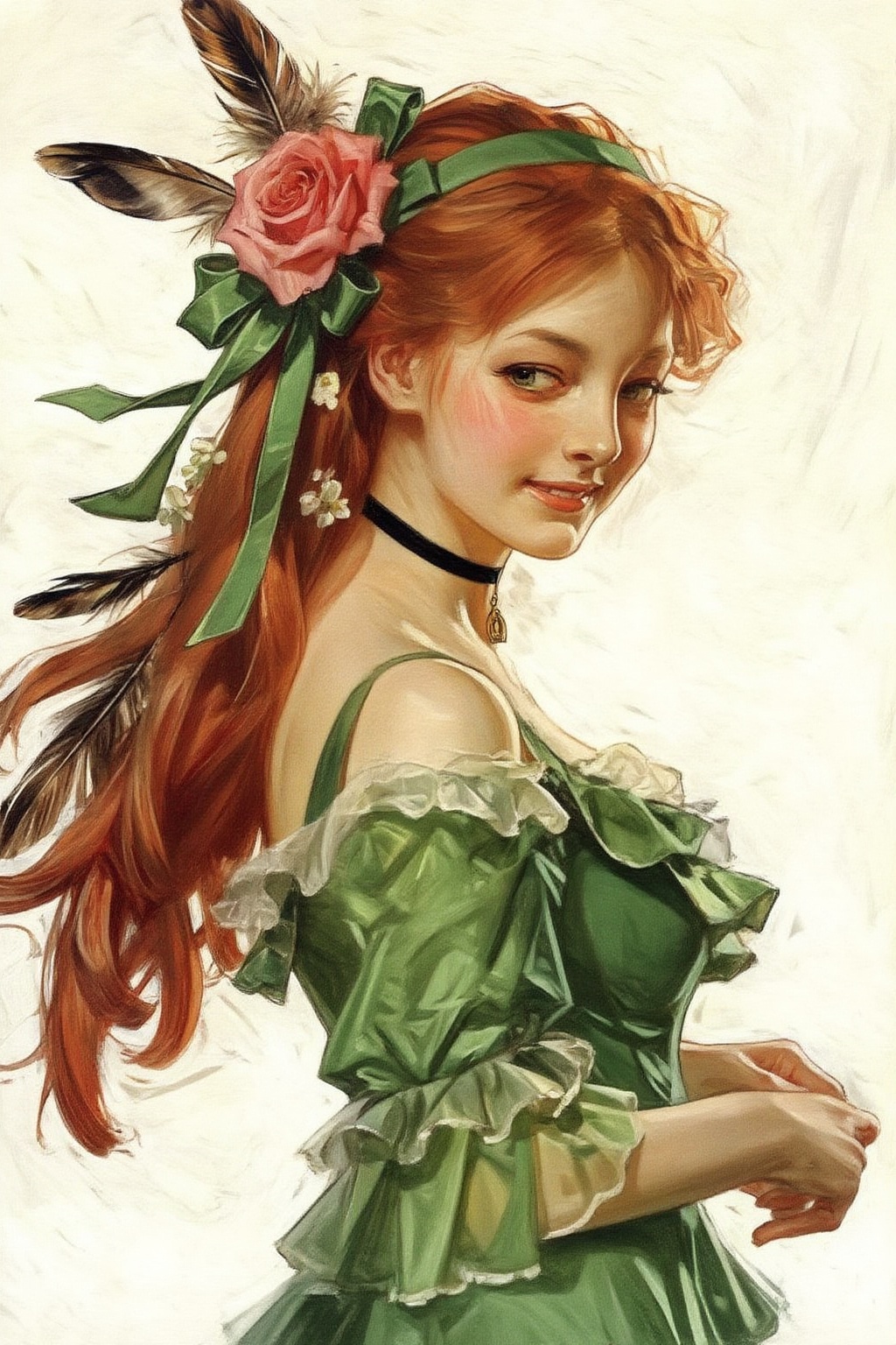 jcleyendecker3z illustration.  
Close-up of a woman with long, flowing red hair, is turning her head to look at the viewer from the corner of her eyes with a slight smile. Her hair is styled with a large pink rose, several green ribbons tied in bows, and dark, wispy feathers, along with small white floral details. She wears an off-the-shoulder green dress with multiple ruffled layers, and a thin black choker necklace with a small golden pendant around her neck. The background is a plain, light, uniform color.
