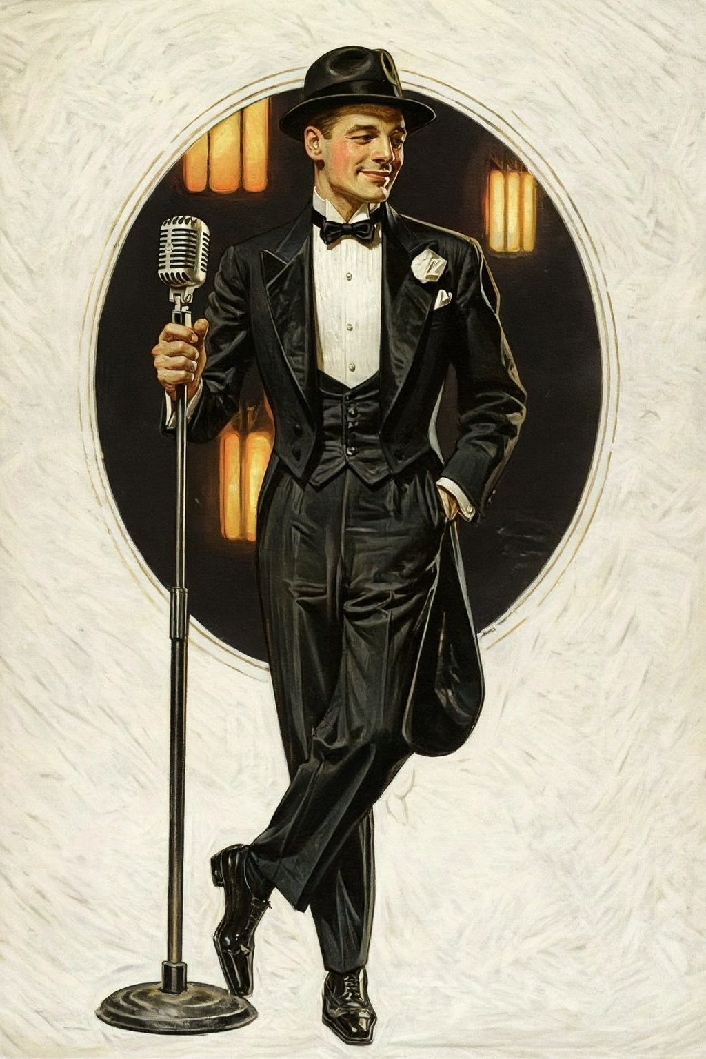 jcleyendecker3z illustration.  
Full-length shot of a slender Caucasian man with a confident, slight smile. He is impeccably dressed in a mid-century style black tuxedo with a shawl lapel, a crisp white pleated shirt, a black bow tie, and a white pocket square. A black felt fedora sits atop his head, and he wears polished black dress shoes. He poses with a relaxed elegance, one hand in his trouser pocket and the other holding a tall, vintage silver microphone stand. His legs are casually crossed at the ankle. The background is a dark, atmospheric space filled with glowing, vertical rectangular panels in shades of amber and gold. Soft, directional lighting highlights the textures of his suit and creates a sophisticated, nostalgic mood, evoking the classic era of jazz vocalists.
