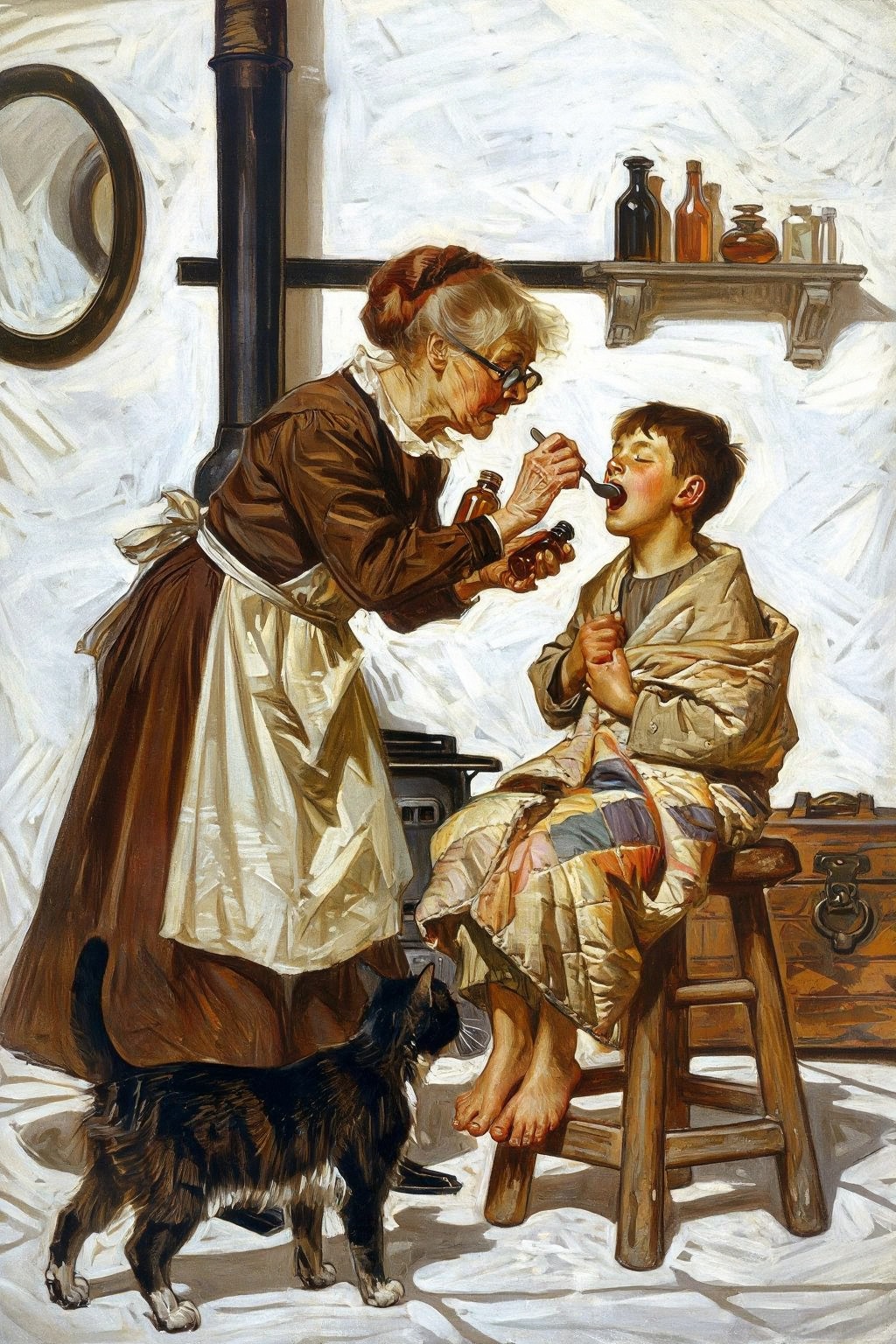 jcleyendecker3z illustration.  
An elderly woman shown in side profile, in a brown dress and a light apron, wearing glasses, leans forward to administer medicine to a young boy. She holds a small bottle in her left hand and a spoon with liquid towards his wide-open mouth. The boy, his eyes closed, is wrapped in a multicolored quilted garment, siting on a wooden stool with his bare feet visible. A black and white cat stands on a patterned rug, near ther woman's feet. In the background, a dark metal stove pipe rises, with a mantelpiece holding several small bottles above it. A dark framed mirror is visible on the left wall, and a wooden chest sits behind the boy.
