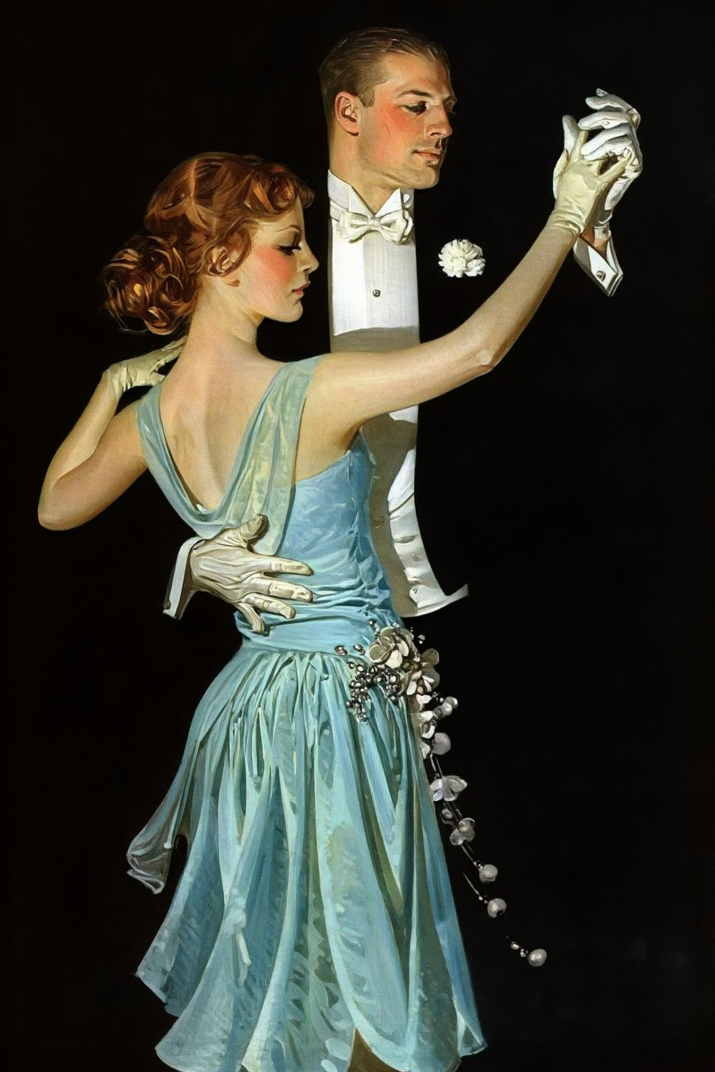 jcleyendecker3z illustration.  
A man and a woman are dancing together, positioned against a solid black background. The woman, in the foreground, is seen from behind with her face shown in side-profile, facing right with auburn hair styled in prominent waves. She wears a flowing light blue sleeveless dress featuring a draped back and a gathered waist, accented with floral or beaded embellishments on her hip. She wears light-colored gloves, and her right hand is held aloft by the man's gloved left hand. The man stands behind her, also facing right, dressed in a black tuxedo jacket with a white shirt, a white bow tie, and a white boutonnière on his lapel. His right gloved hand rests on the woman's lower back.
