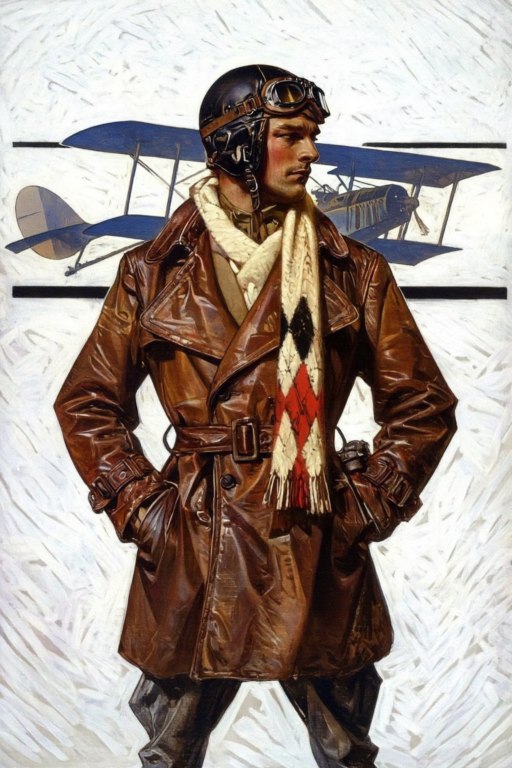 jcleyendecker3z illustration.  
A man stands in the foreground, wearing a brown leather trench coat with a belt, a black aviator helmet with goggles, and a cream scarf patterned with red, black, and white diamonds and fringes. His hands are in the pockets of his coat, and he looks to his right. In the background, partially visible, is the blue frame of a biplane with its wings extending horizontally. The overall background is a textured white.

