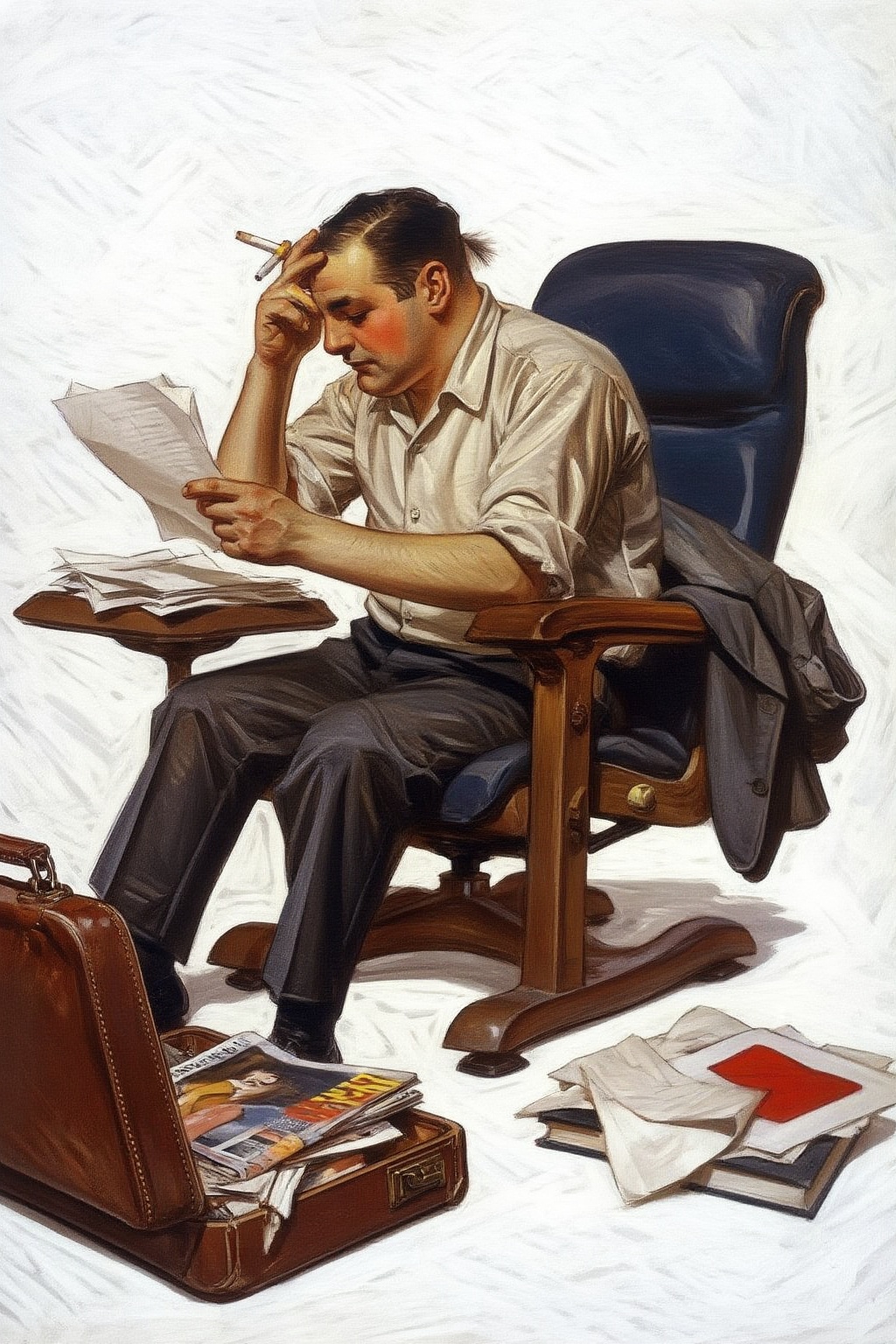 jcleyendecker3z illustration.  
An rotund man shown in side profile, with a tuft of hair sticking out of the front and a cigarette behind his ear is seated in a dark blue La-Z-Boy chair, wearing a light-colored shirt and dark trousers. He leans forward, his right hand on his forehead, intently examining a document held in his left hand, with more papers resting on a small brown table or brief in front of him. A grey jacket is draped over the armrest and seat back to his left. On the floor next to the seat, an open brown leather briefcase reveals a stack of colorful magazines and papers. Nearby, a pile of books or documents with a red detail lies on the light-colored floor.

