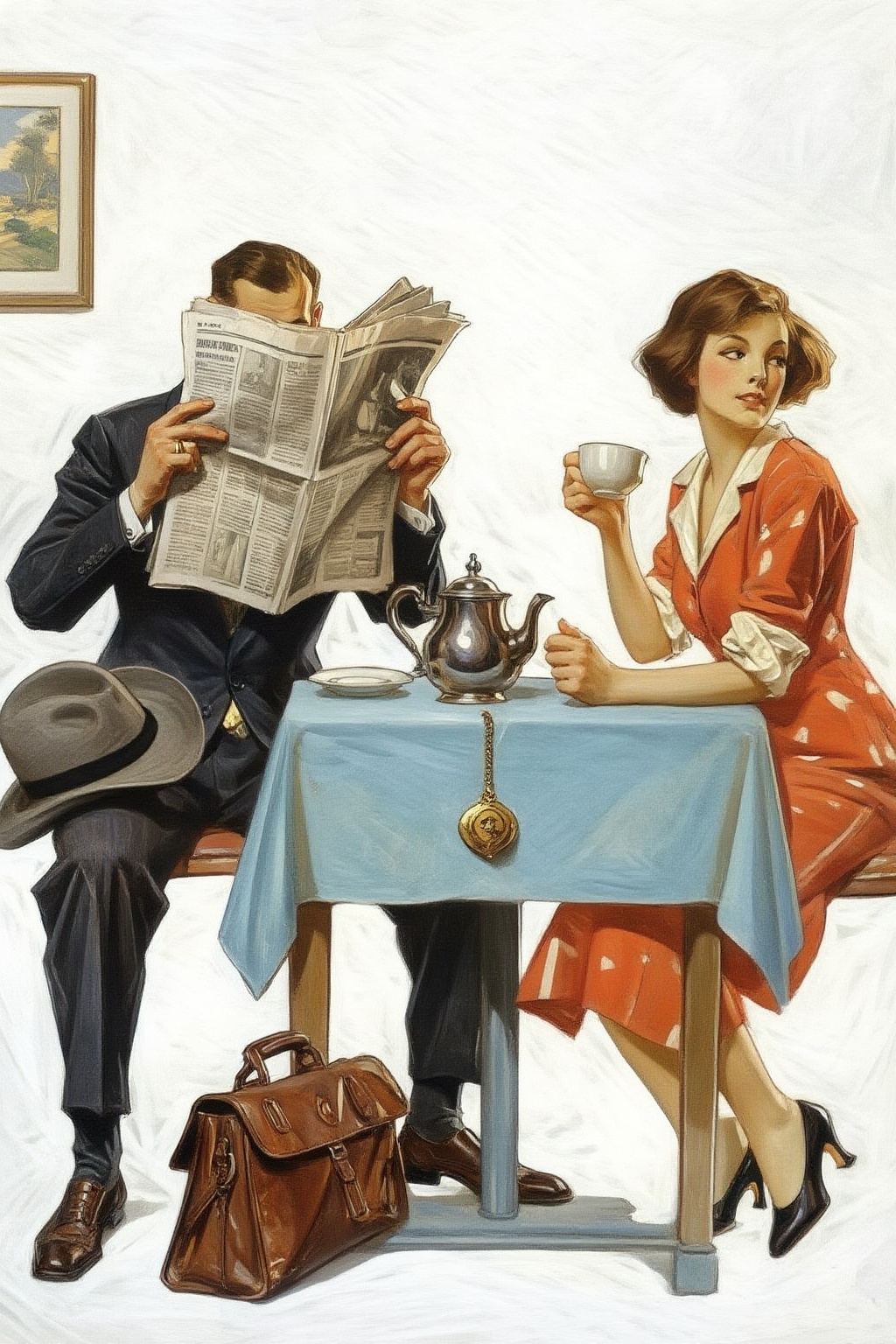 jcleyendecker3z illustration.  
A man and a woman are seated at a light blue-covered table. The man, positioned on the left, wears a dark suit and holds a large newspaper that completely covers his face; a ring is visible on his left hand. A grey hat rests on a brown leather bag near his dark-trousered legs and brown shoes. The woman, seated on the right, has short brown hair and turning her head to looks towards the front and slightly off-camera, wearing an orange and white patterned garment. She holds a white teacup in her right hand, while her left hand rests on the tablecloth. A silver teapot and a small white dish are on the table, and a golden locket hangs from the tablecloth. She wears dark high-heeled shoes. A framed landscape picture is partially visible on the wall behind them.
