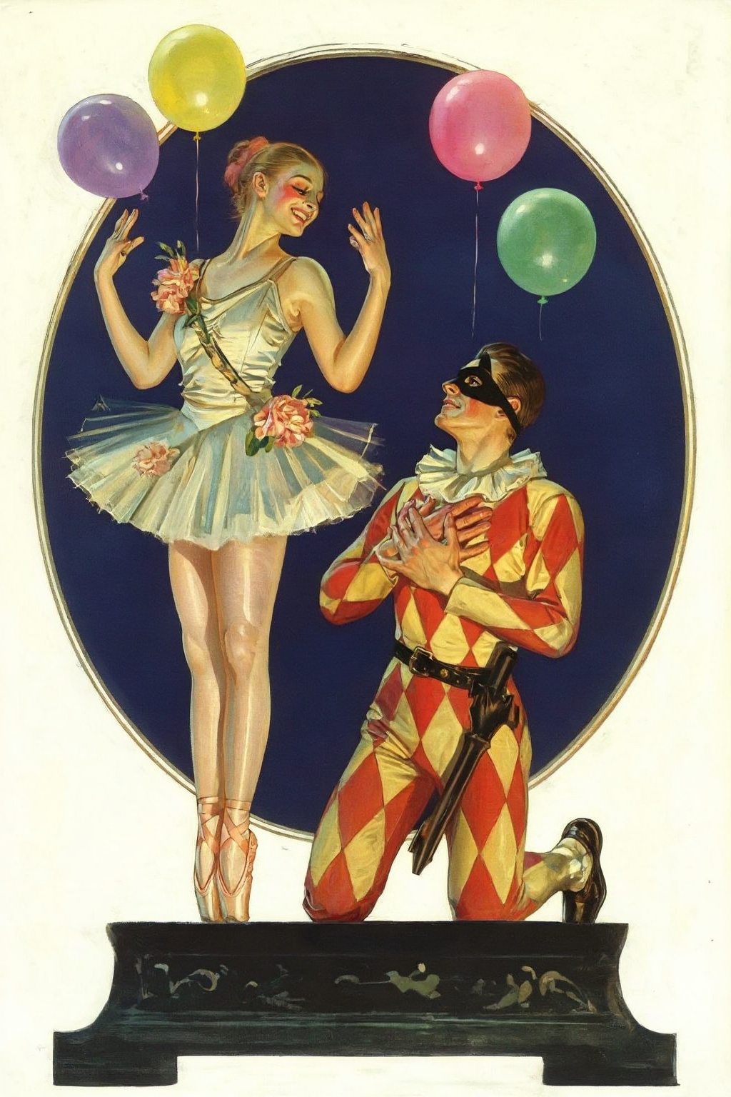 jcleyendecker3z illustration.  
A woman on pointe in a light-colored, ruffled tutu adorned with pink flowers smiles with raised hands, while a man in a red and yellow diamond-patterned harlequin costume kneels below her, looking up with his hands clasped over his chest. He wears a black eye mask and has a black bat tucked into his belt. Both figures are positioned against a dark blue circular background with a gold edge. Several colorful balloons, including purple, yellow, pink, and green, float around them. They stand and kneel on a dark, decorative base at the bottom of the image.
