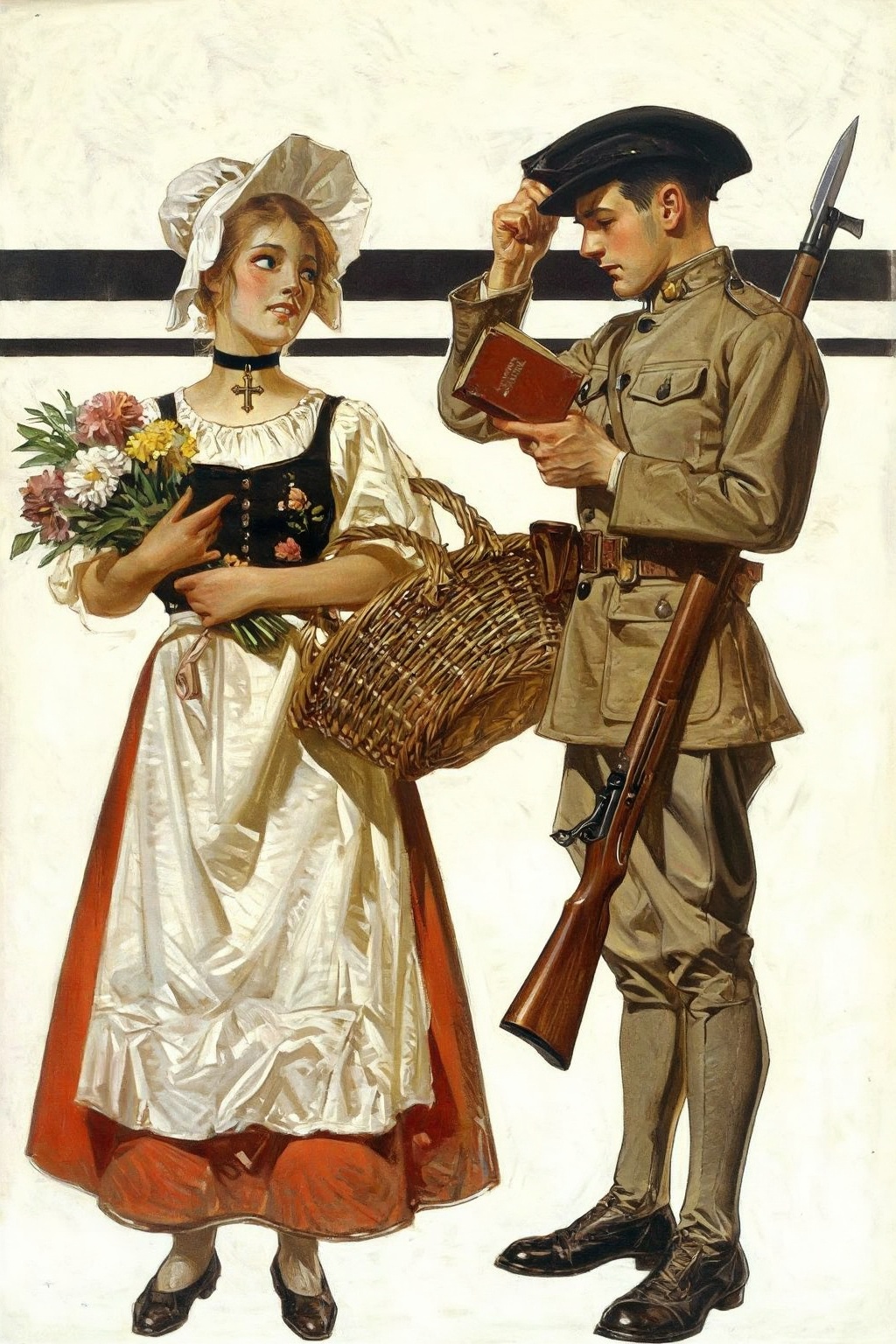 jcleyendecker3z illustration.  
A young woman in traditional milk maid attire stands on the left, wearing a white bonnet, a white blouse, a black bodice, and a white skirt with an orange hem, along with a dark choker featuring a cross pendant. She holds a colorful bouquet of flowers in her right arm and a large woven basket on her left hip. She is looking to her right from the corner of her eyes. To her right, a young man in a khaki military uniform adjusts his matching hat with his right hand while holding a small reddish-brown book in his left. A rifle with a bayonet is slung by his side. The background is plain light-colored with two dark horizontal stripes. The woman gazes towards the man, who looks intently at the book.

