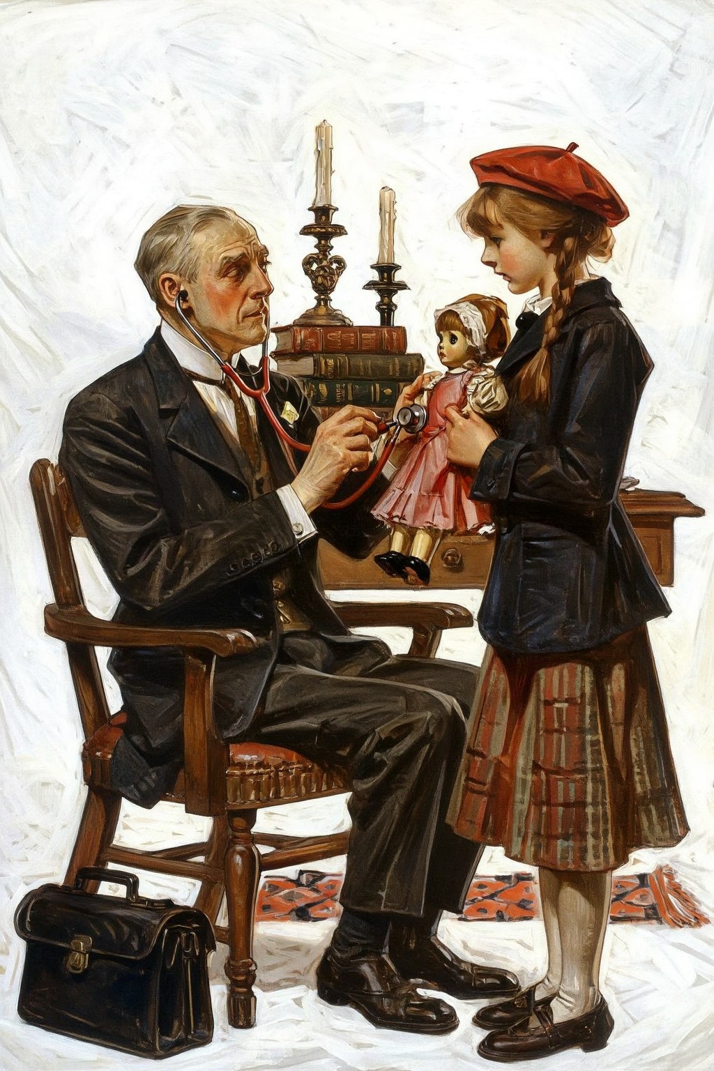 jcleyendecker3z illustration.  
An elderly male doctor with gray hair, wearing a dark suit, white shirt, and tie, sits in a dark wooden chair to the left, looking up. He holds a red stethoscope to the chest of a doll, which a young girl holds. On the right stands the girl, wearing a red beret, a dark jacket, and a plaid skirt, looking down at the doll. Behind them is a wooden desk laden with several books and two ornate candlesticks, each holding a white candle. A black medical bag rests on the floor beside the man's chair, and a patterned rug lies underfoot beneath both figures.
