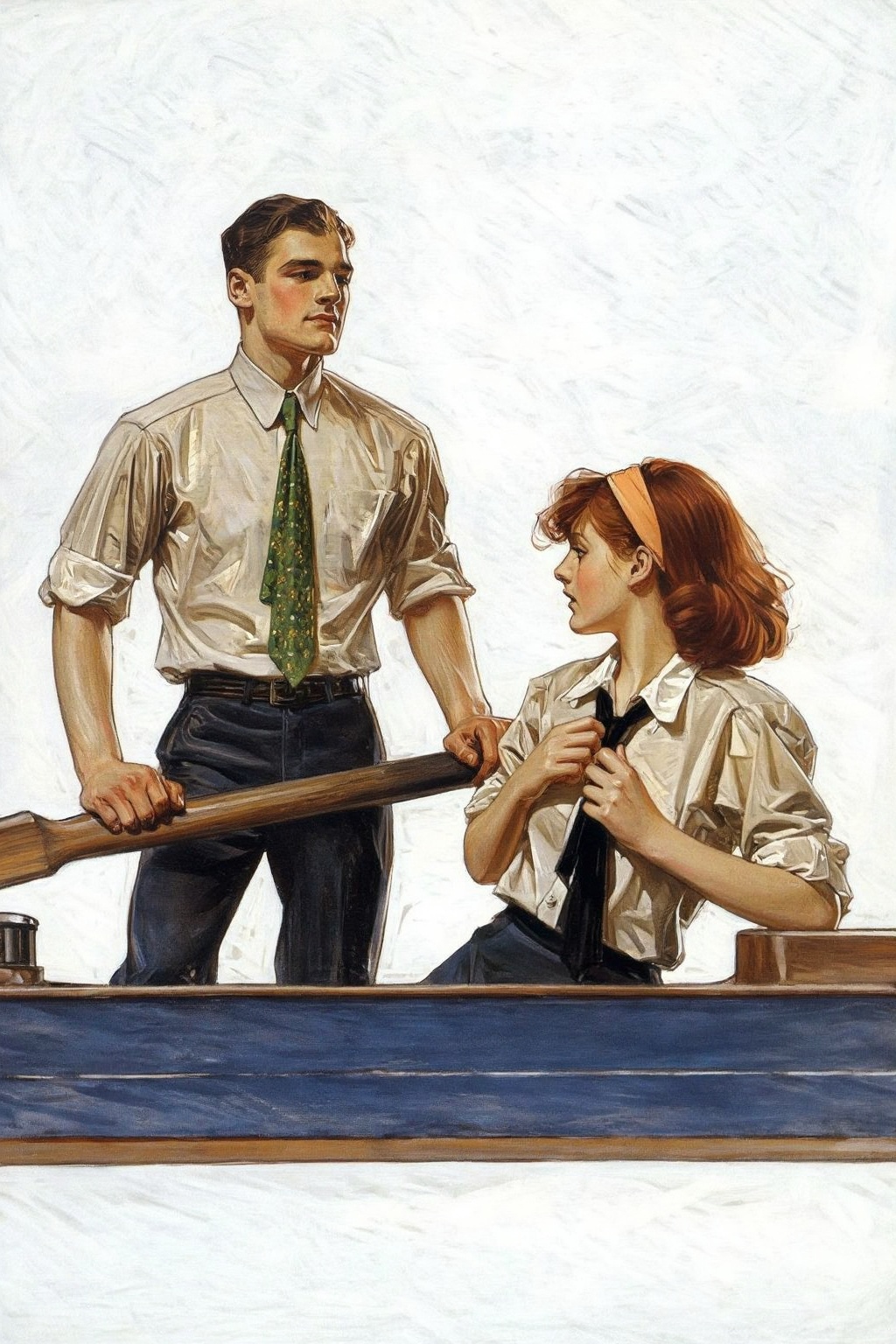 jcleyendecker3z illustration.  
A couple boating. On the left is a young man, wearing a light-colored, long-sleeved shirt with rolled-up sleeves and a loosely hanging green patterned tie, stands on the left, leaning his hands on the wooden tiller of the boat. He looks off-camera and slightly to his left. Opposite him on the right, a young woman with reddish-brown hair, show with her back to the viewer, is leaning against the side of the boar. Her hair is styled with a light orange headband, looks off-camera to the left. She wears a light-colored shirt with a wide collar and a black necktie, which she is in the process of adjusting with her hands. 
