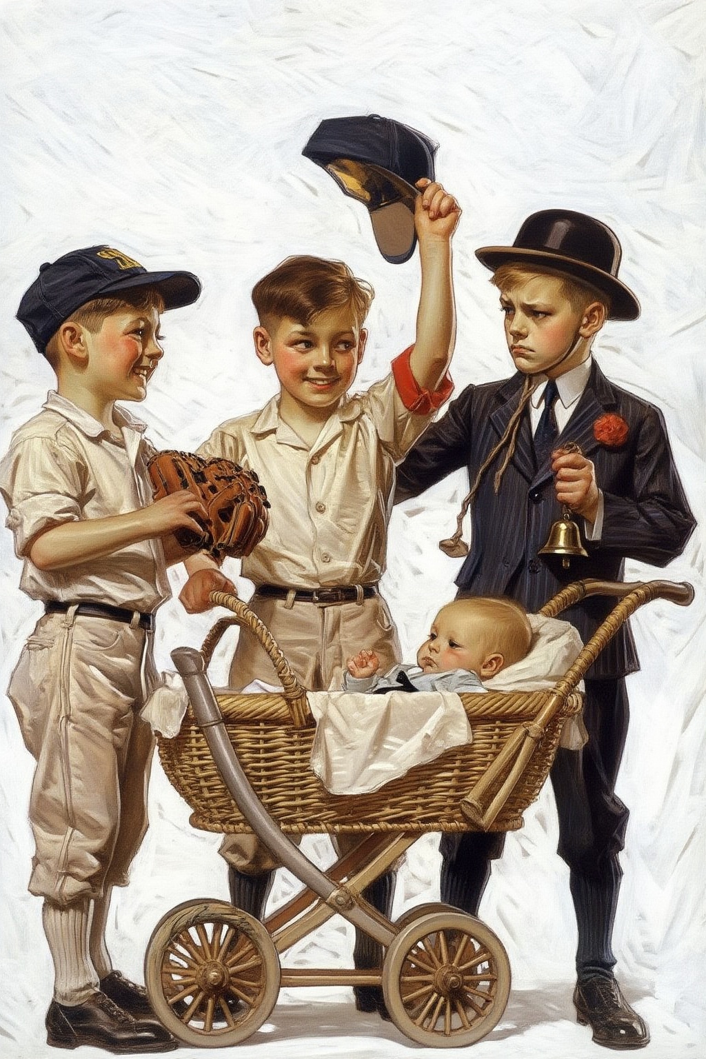 jcleyendecker3z illustration.  
Close-up of three young boys gathered around a wicker pram in a light setting. On the left, a boy in a white shirt and baseball cap, wearing a baseball glove, grins playfully while looking toward the center. A second boy, wearing a light-colored shirt with red trim, stands slightly in front, holding a baseball cap aloft with his right hand and smiling. To the right, a third boy wears a dark pinstriped suit, a dark tie with a red boutonniere, and a black bowler hat with a visible string. He holds a small bell in his left hand and gazes with a stern expression. A baby in light-colored clothing is visible inside the wicker pram.
