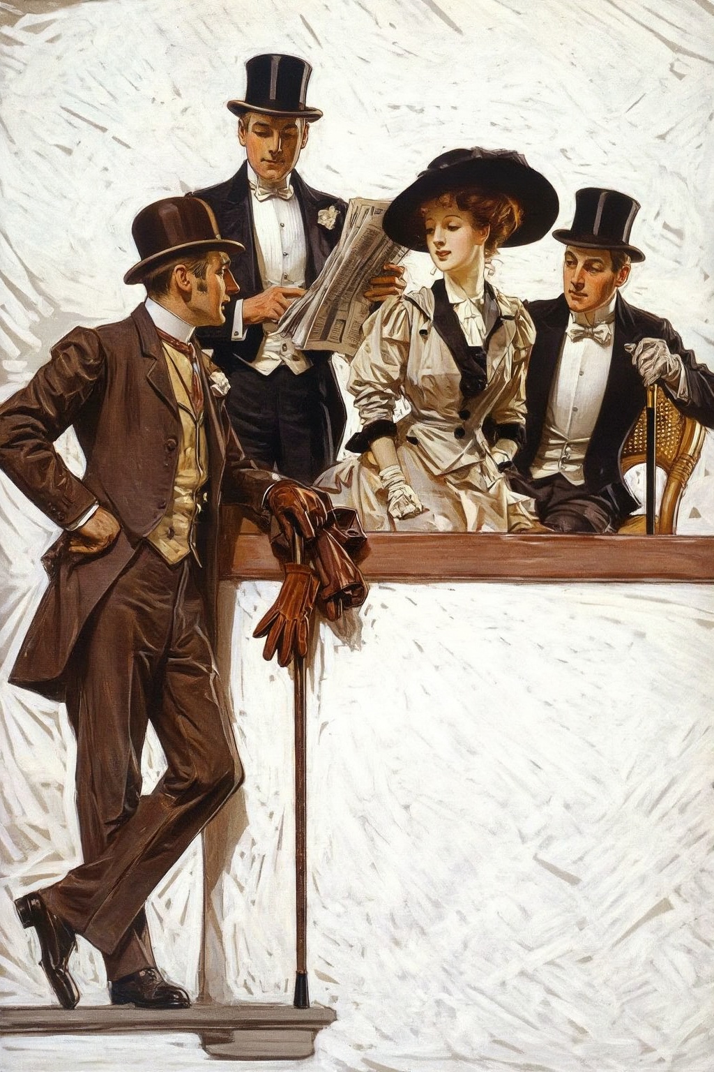 jcleyendecker3z illustration.  
Four individuals, three men and one woman, are positioned along a wooden railing in an elevated setting. In the foreground, a man with is face shown in side-profile, is in a brown suit, light vest, and bowler hat, leaning on the railing, holding brown gloves and a cane. He is conversing with a woman who wears a light-colored dress with dark accents and a wide-brimmed black hat. Behind them, two men dressed in black tuxedos with white shirts and bow ties are present. One holds a newspaper, while the other, seated behind a wicker-backed chair, holds a cane. The background is a light, textured surface.
