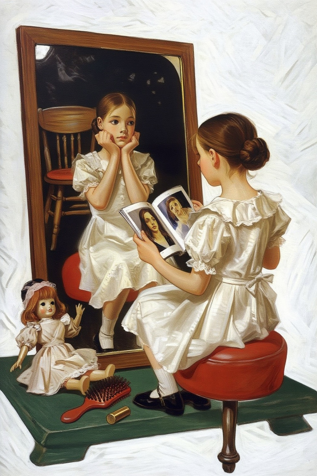 jcleyendecker3z illustration.  
A young girl in a white lace dress sits on a red stool, her back to the viewer, gazing into a large mirror with a dark wooden frame and a golden inner edge. Her reflection shows her with her hair pulled back, hands cupped under her chin, looking intently. She holds an open magazine, showing the head shot of a woman, in her lap. On the dark green floor to the left, a doll in a light dress lies beside the mirror. In front of her stool, a red hairbrush, a comb, and two small cylindrical objects are scattered on the floor. A wooden chair is visible behind the mirror's left side against a dark background.
