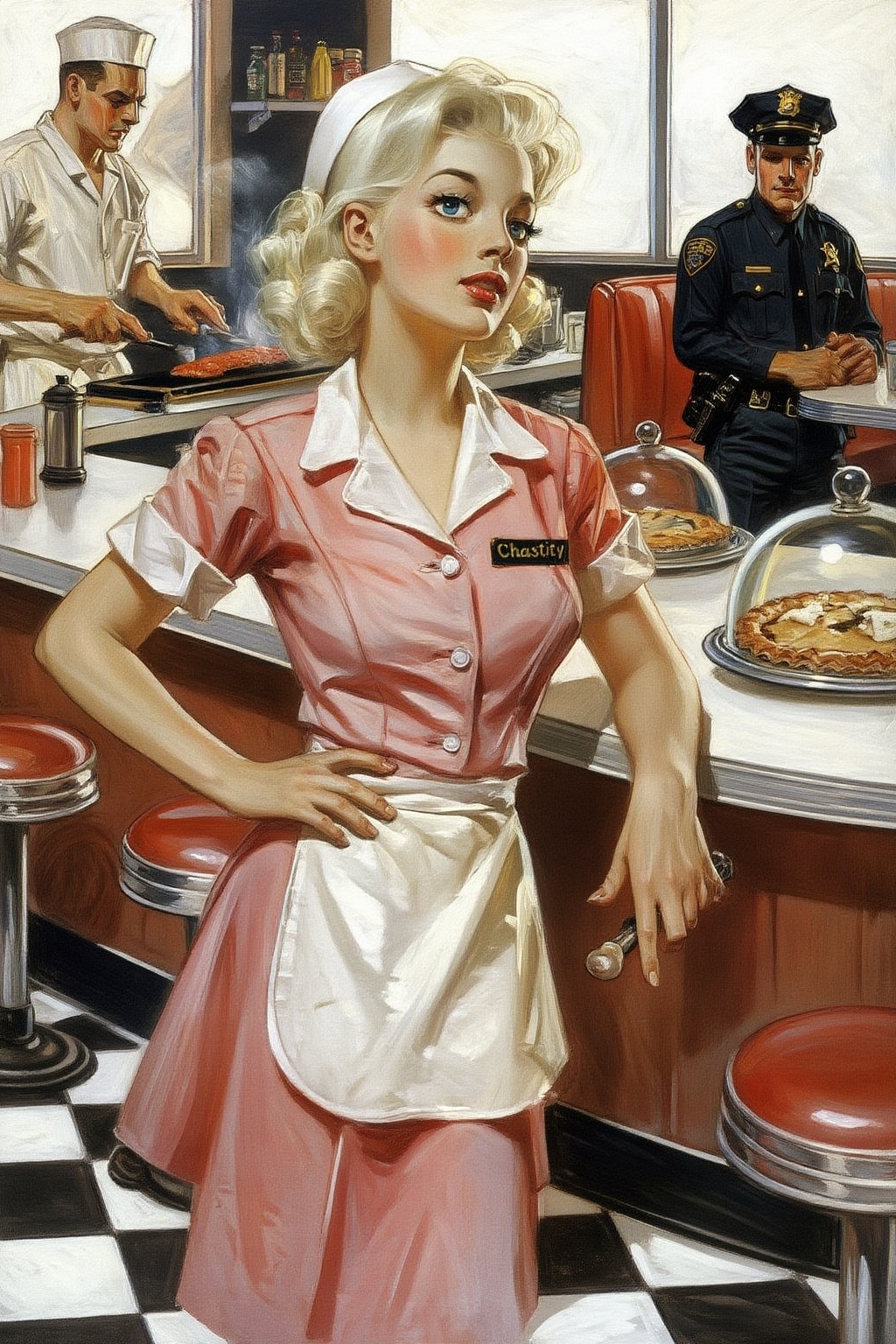 jcleyendecker3z illustration.  
Silmas. A waitress named  Chastity  standing behind the formica counter of a sun-drenched, classic American diner. She is a voluminous platinum blonde bombshell curls, and wide blue eyes. Her tight, 1950s-style pink and white uniform, with her name embroidered on a tag. a black-and-white chequered floor, and glass domes covering pies on the counter. In the deep background, a cook works at a griddle and a town sheriff sits in a booth, both rendered with soft focus,