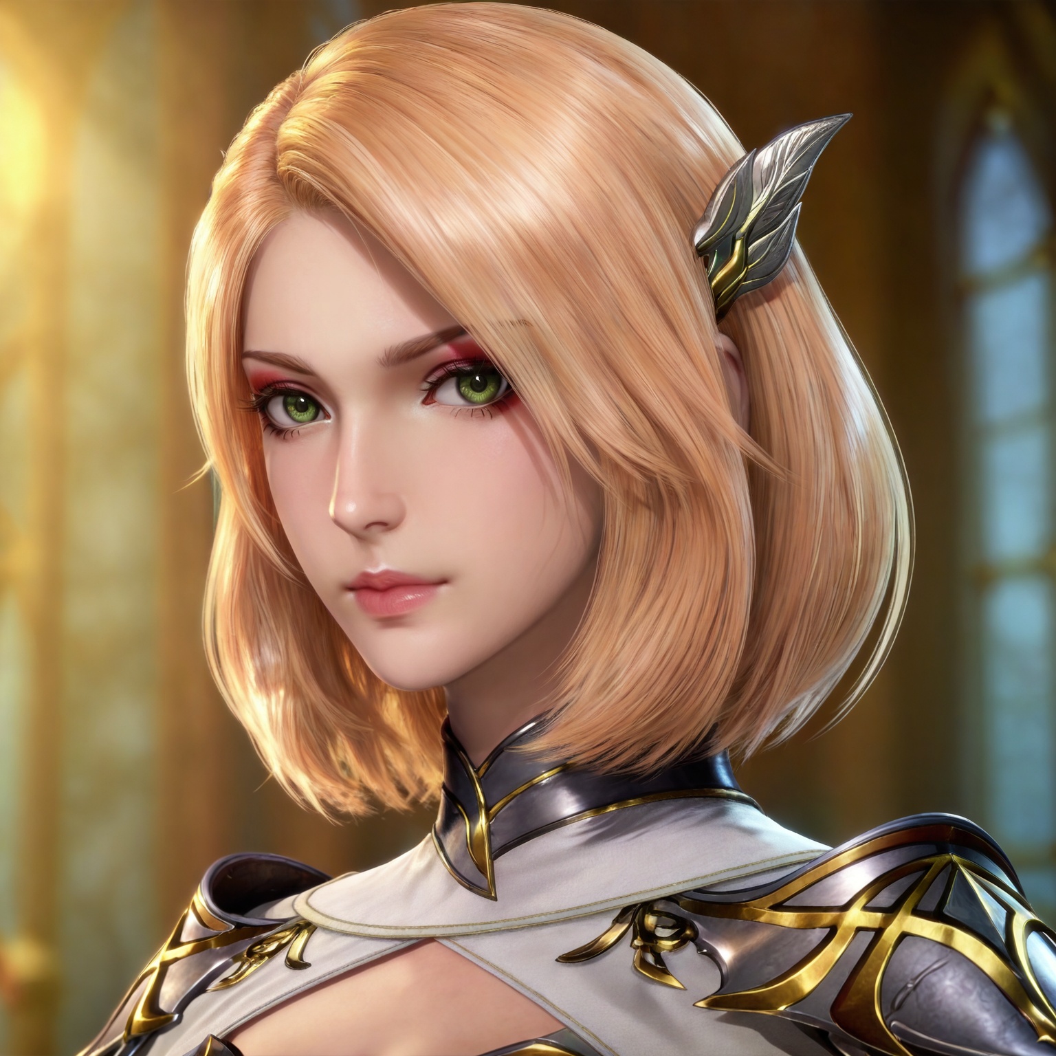 masterpiece,high quality,tall,game cg,highres,(soft light:1.2),(white_skin:0.6),(shiny_skin:0.6),(realistic:1.1),lvjing,
blonde hair, medium hair, green eyes, hair_ornament, shoulder armor, pauldrons, cleavage cutout, cape, hair_ornament, makeup, 1girl, solo, looking at viewer, blurry background, blurry, portrait, lips, closed mouth