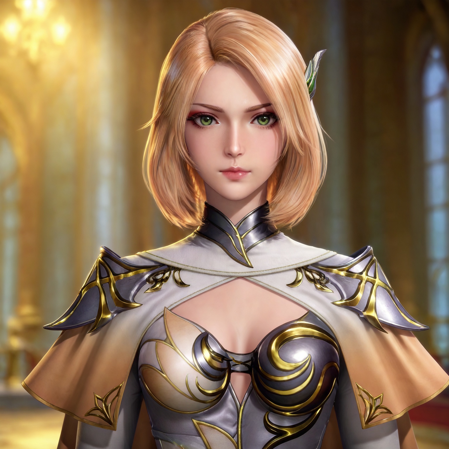 masterpiece,high quality,tall,game cg,highres,(soft light:1.2),(white_skin:0.6),(shiny_skin:0.6),(realistic:1.1),lvjing,
blonde hair, medium hair, green eyes, hair_ornament, shoulder armor, pauldrons, cleavage cutout, cape, hair_ornament, makeup, 1girl, solo, looking at viewer, blurry background, blurry, lips, closed mouth,upper body,