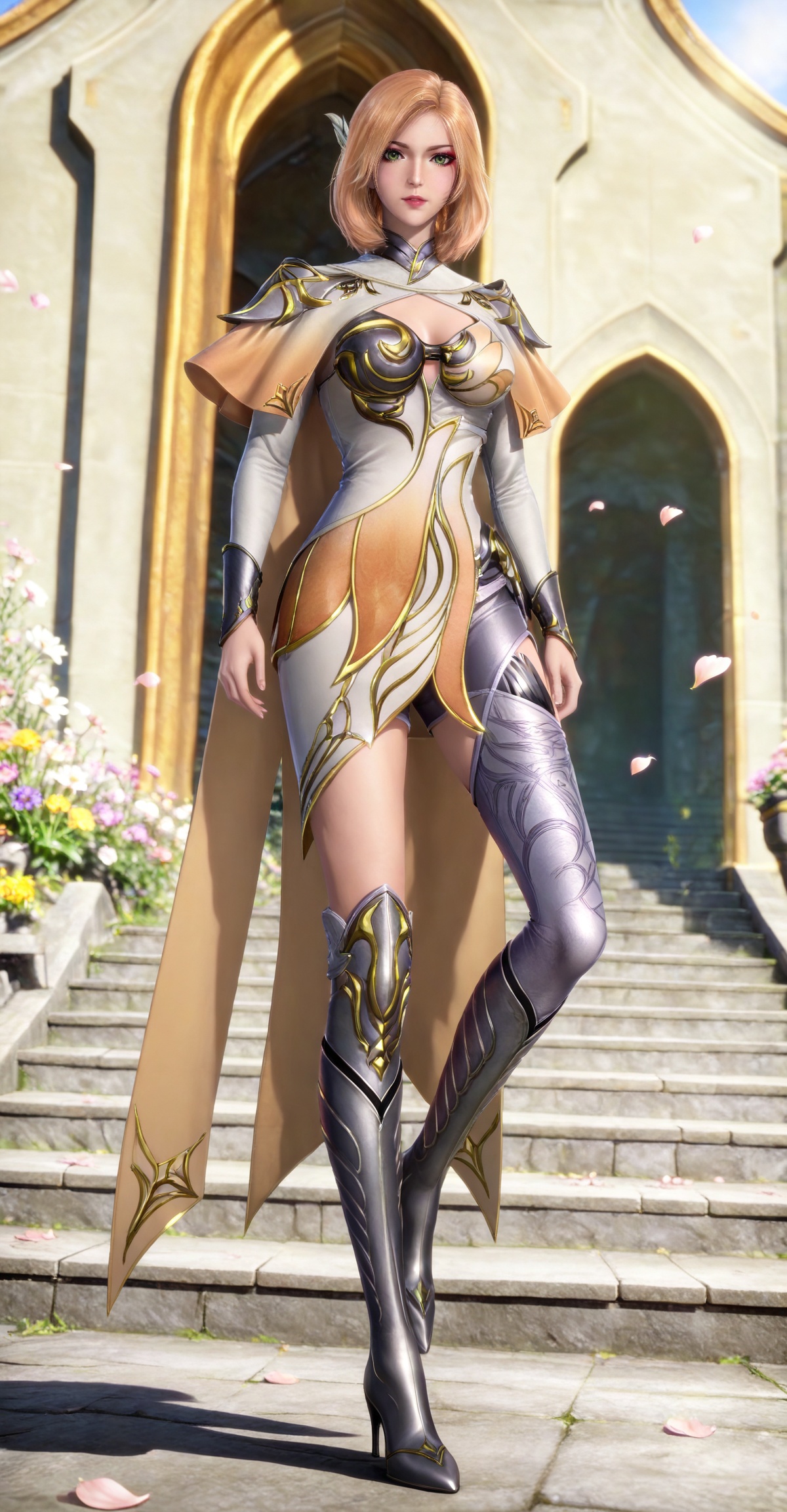 masterpiece,high quality,tall,game cg,highres,(soft light:1.2),(white_skin:0.6),(shiny_skin:0.6),(realistic:1.1),lvjing,,,hair_ornament,blonde hair,medium hair,shoulder armor,cleavage cutout,cape,makeup,asymmetrical clothes,huliena white and yellow dress,armored boots,high heel boots,single thighhigh,knee boots,thigh boots,1girl,solo,simple background,looking_at_viewer,green eyes,standing,large breasts,cleavage,full body,walking,stair,day,wind,flower,petals,