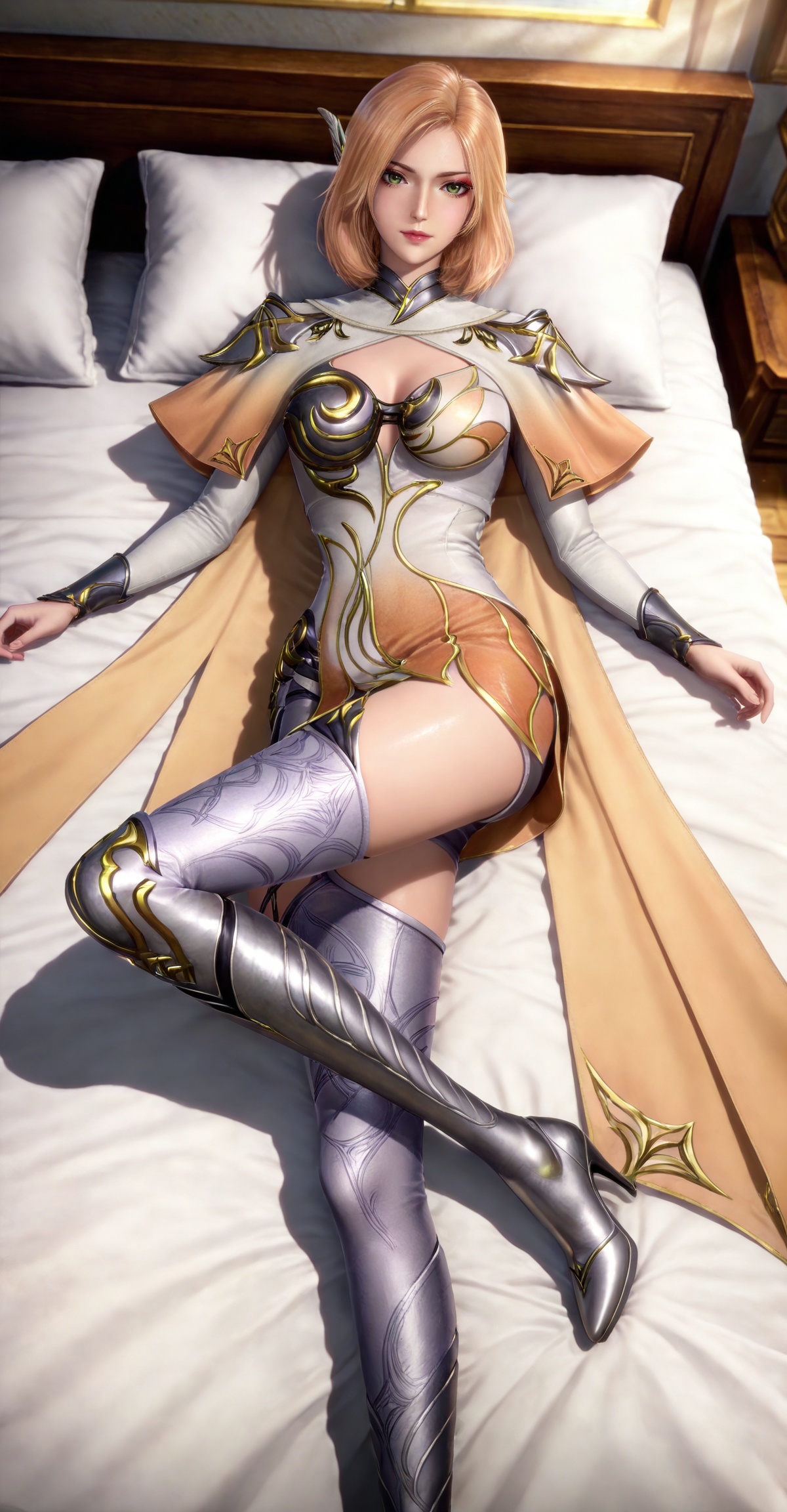 masterpiece,high quality,tall,game cg,highres,(soft light:1.2),(white_skin:0.6),(shiny_skin:0.6),(realistic:1.1),lvjing,,,hair_ornament,blonde hair,medium hair,shoulder armor,cleavage cutout,cape,makeup,asymmetrical clothes,huliena white and yellow dress,armored boots,high heel boots,single thighhigh,knee boots,thigh boots,1girl,solo,,looking_at_viewer,green eyes,large breasts,cleavage,full body,day,shadow,leg up,bed,liying,on back,