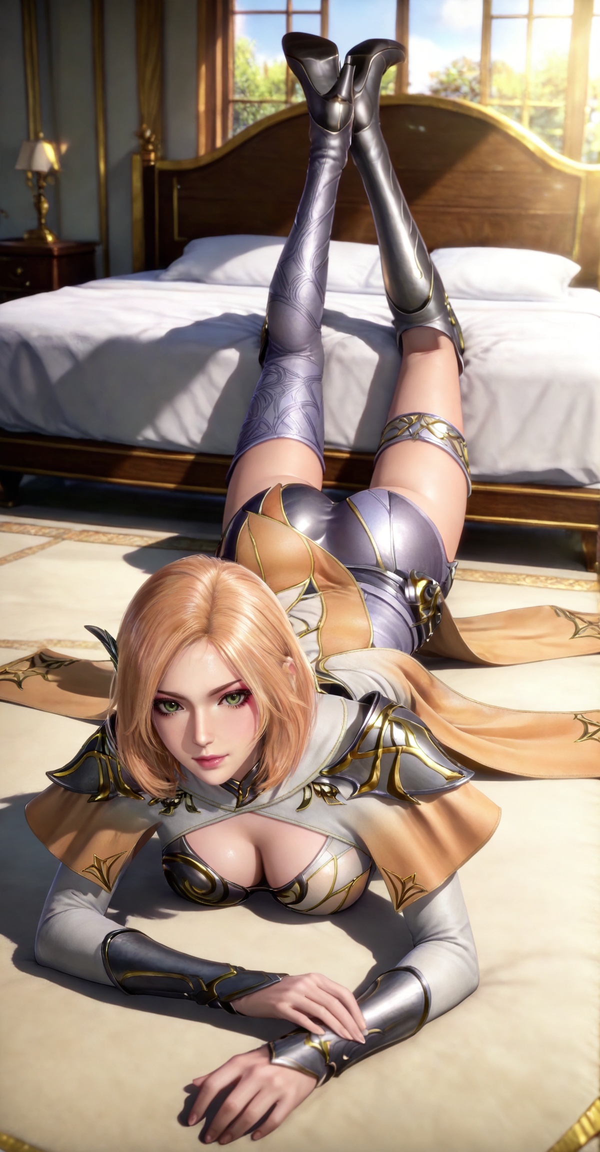 masterpiece,high quality,tall,game cg,highres,(soft light:1.2),(white_skin:0.6),(shiny_skin:0.6),(realistic:1.1),lvjing,,,hair_ornament,blonde hair,medium hair,shoulder armor,cleavage cutout,cape,makeup,asymmetrical clothes,huliena white and yellow dress,armored boots,high heel boots,single thighhigh,knee boots,thigh boots,1girl,solo,,looking_at_viewer,green eyes,large breasts,cleavage,full body,day,shadow,crossed legs,bed,on stomach,top-down bottom-up,feet up,