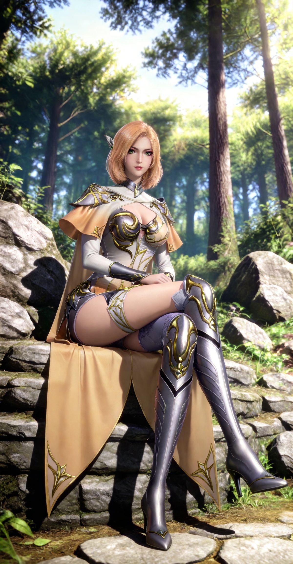masterpiece,high quality,tall,game cg,highres,(soft light:1.2),(white_skin:0.6),(shiny_skin:0.6),(realistic:1.1),lvjing,,,hair_ornament,blonde hair,medium hair,shoulder armor,cleavage cutout,cape,makeup,asymmetrical clothes,huliena white and yellow dress,armored boots,high heel boots,single thighhigh,knee boots,thigh boots,1girl,solo,,looking_at_viewer,green eyes,large breasts,cleavage,full body,day,shadow,white background,nature,sitting,stone,crossed legs