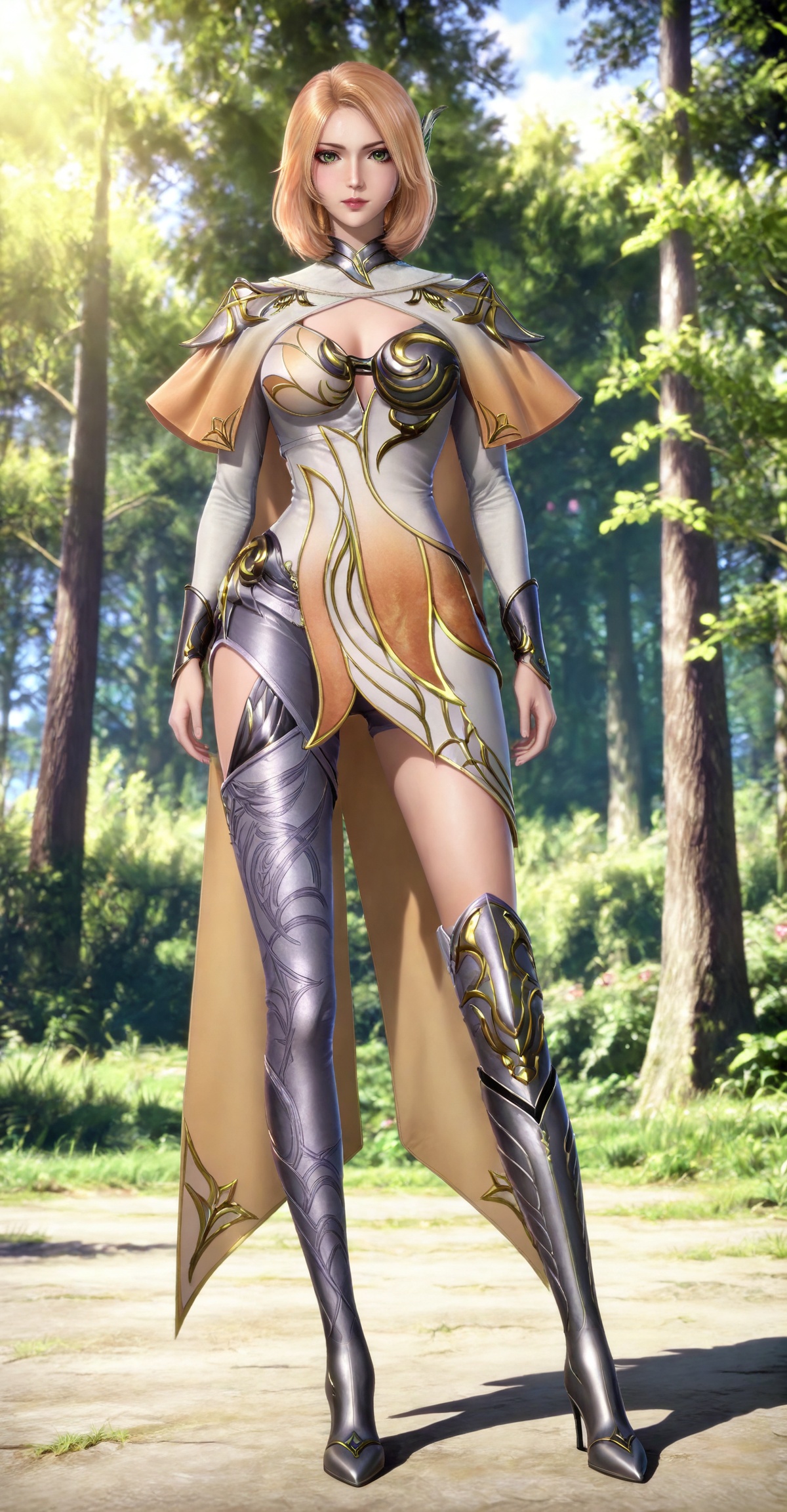 masterpiece,high quality,tall,game cg,highres,(soft light:1.2),(white_skin:0.6),(shiny_skin:0.6),(realistic:1.1),lvjing,,,hair_ornament,blonde hair,medium hair,shoulder armor,cleavage cutout,cape,makeup,asymmetrical clothes,huliena white and yellow dress,armored boots,high heel boots,single thighhigh,knee boots,thigh boots,1girl,solo,,looking_at_viewer,green eyes,standing,large breasts,cleavage,full body,day,shadow,white background,nature,