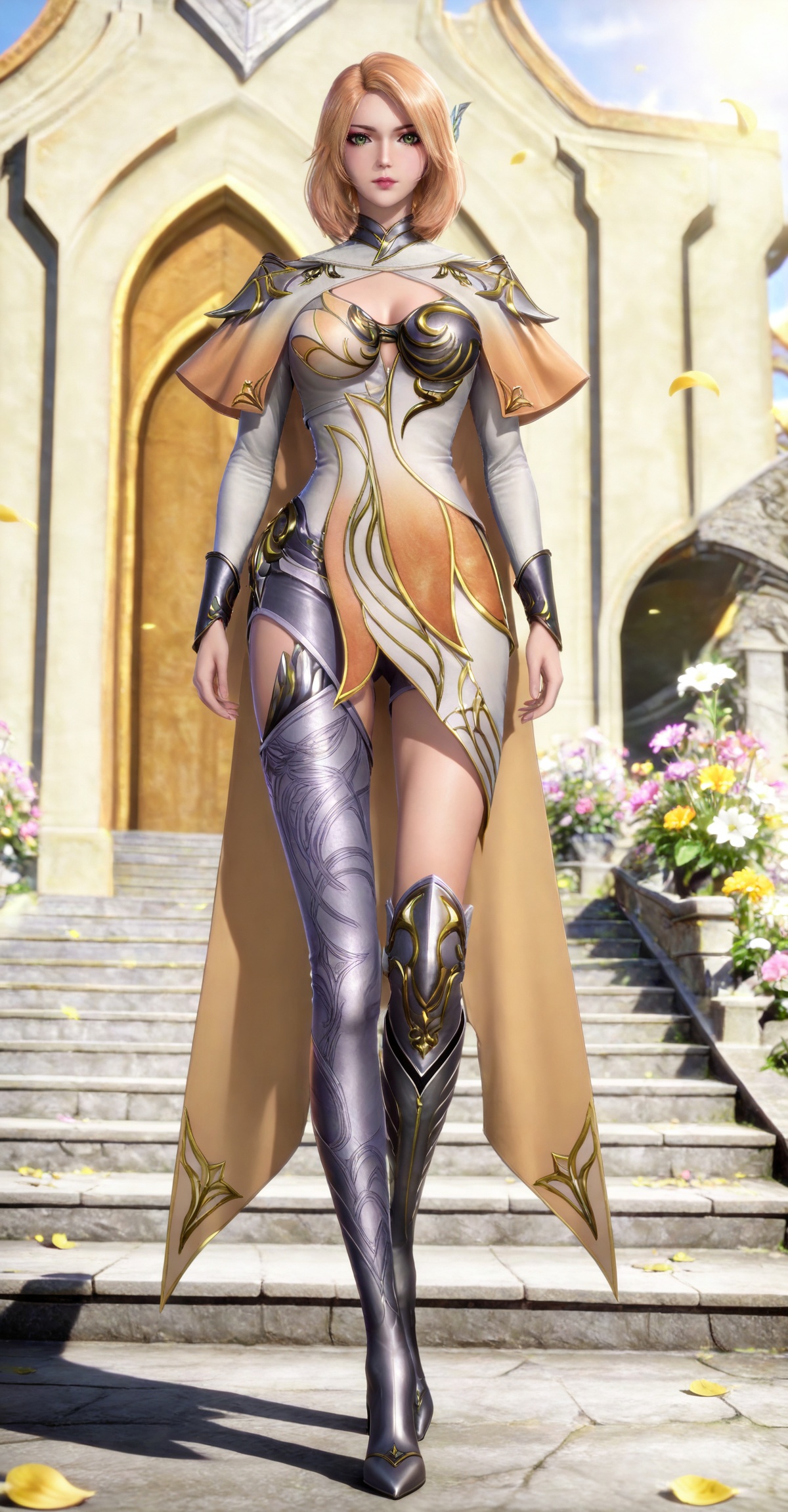 masterpiece,high quality,tall,game cg,highres,(soft light:1.2),(white_skin:0.6),(shiny_skin:0.6),(realistic:1.1),lvjing,,,hair_ornament,blonde hair,medium hair,shoulder armor,cleavage cutout,cape,makeup,asymmetrical clothes,huliena white and yellow dress,armored boots,high heel boots,single thighhigh,knee boots,thigh boots,1girl,solo,simple background,looking_at_viewer,green eyes,standing,large breasts,cleavage,full body,walking,stair,day,wind,flower,petals,