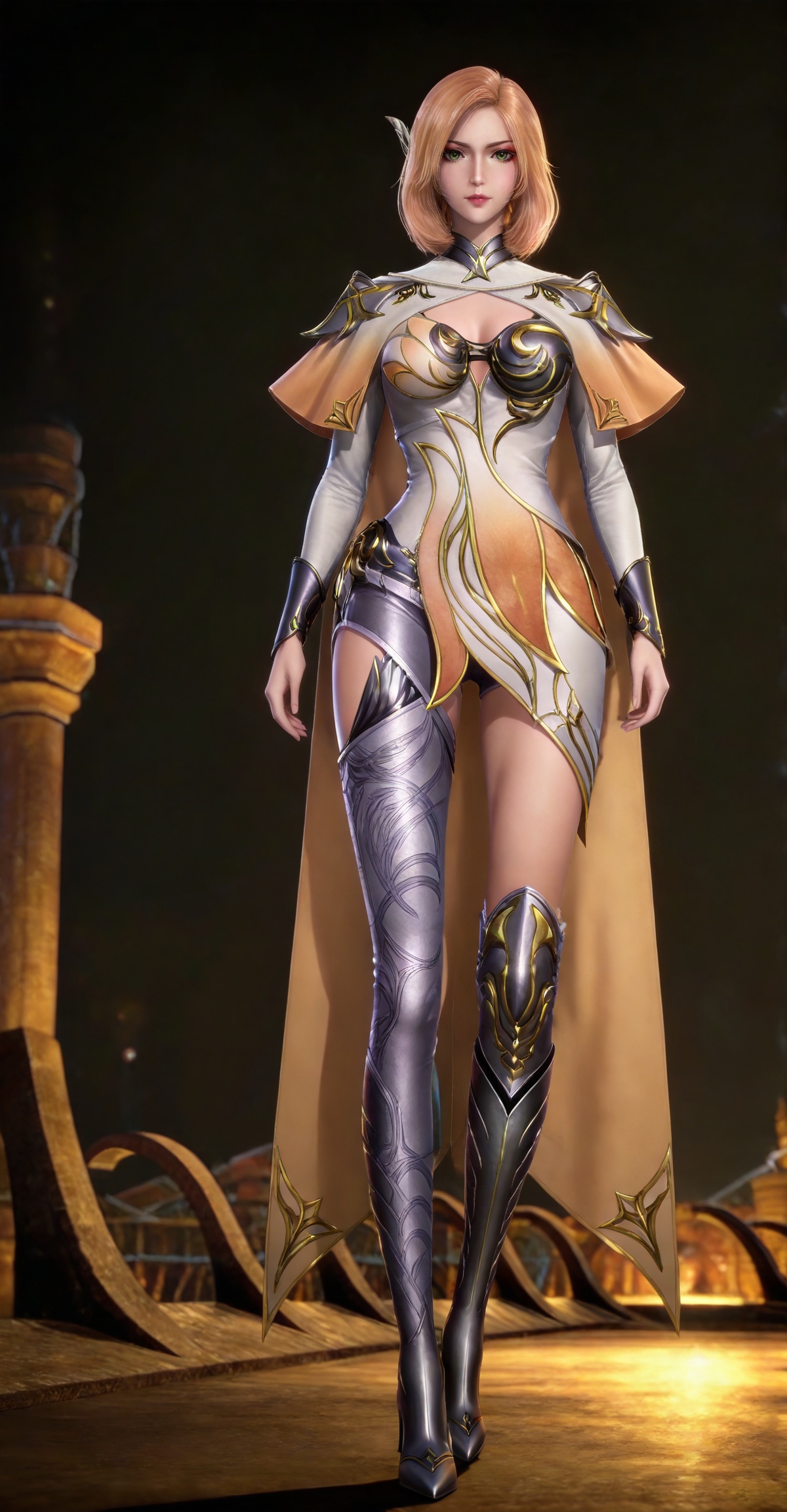 masterpiece,high quality,tall,game cg,highres,(soft light:1.2),(white_skin:0.6),(shiny_skin:0.6),(realistic:1.1),lvjing,,,hair_ornament,blonde hair,medium hair,shoulder armor,cleavage cutout,cape,makeup,asymmetrical clothes,huliena white and yellow dress,armored boots,high heel boots,single thighhigh,knee boots,thigh boots,1girl,solo,black_background,simple background,looking_at_viewer,green eyes,standing,large breasts,cleavage,full body,