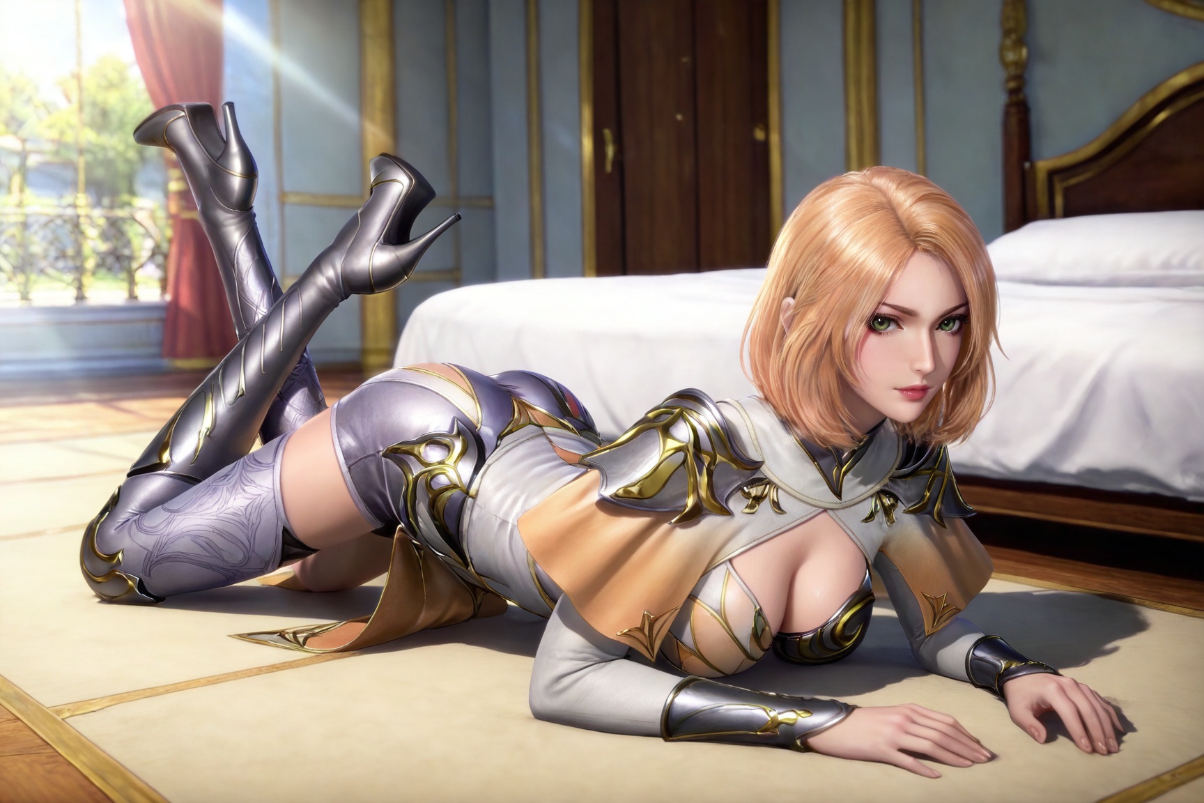 masterpiece,high quality,tall,game cg,highres,(soft light:1.2),(white_skin:0.6),(shiny_skin:0.6),(realistic:1.1),lvjing,,,hair_ornament,blonde hair,medium hair,shoulder armor,cleavage cutout,cape,makeup,asymmetrical clothes,huliena white and yellow dress,armored boots,high heel boots,single thighhigh,knee boots,thigh boots,1girl,solo,,looking_at_viewer,green eyes,large breasts,cleavage,full body,day,shadow,crossed legs,bed,on stomach,top-down bottom-up,feet up,