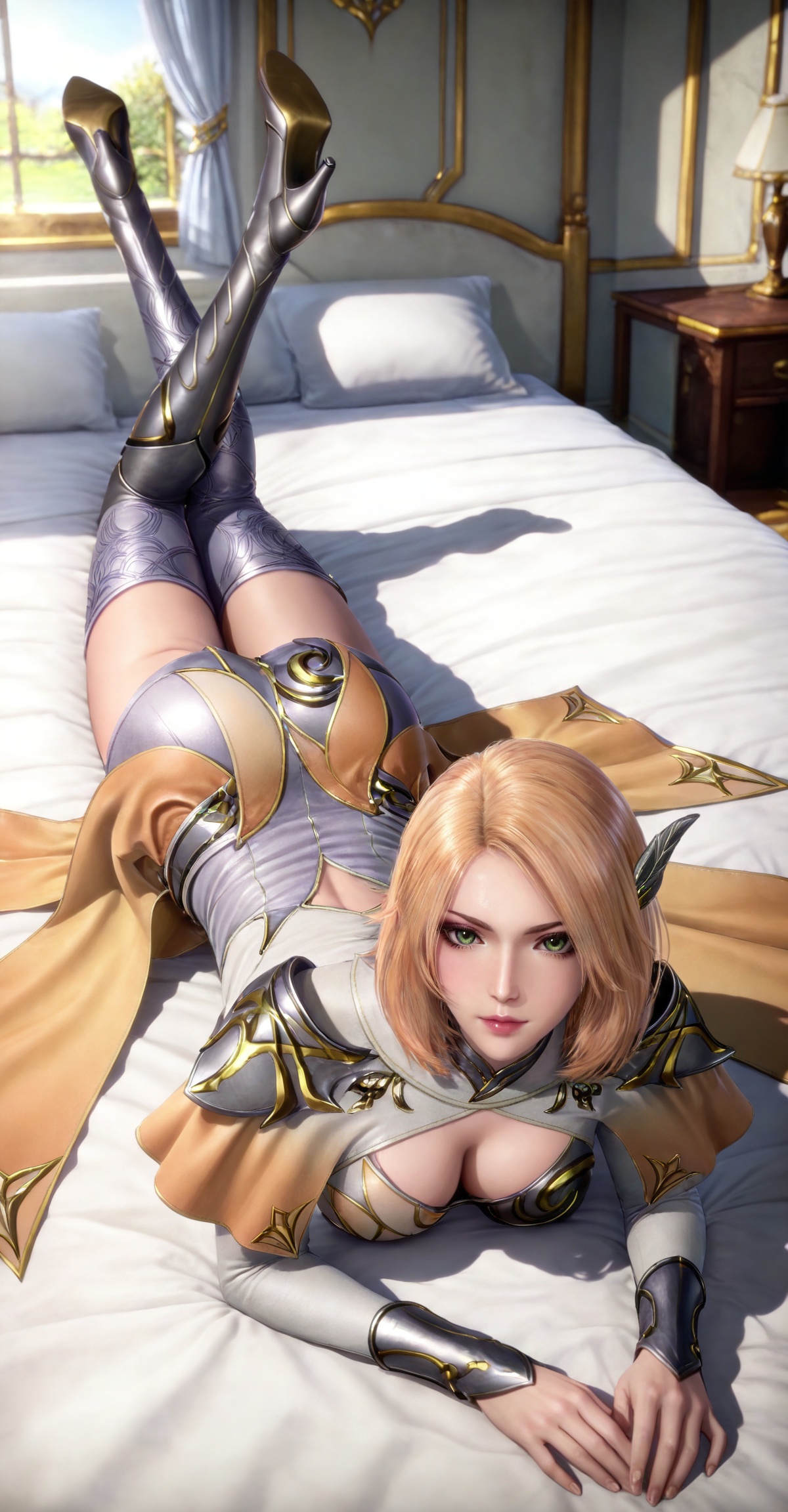 masterpiece,high quality,tall,game cg,highres,(soft light:1.2),(white_skin:0.6),(shiny_skin:0.6),(realistic:1.1),lvjing,,,hair_ornament,blonde hair,medium hair,shoulder armor,cleavage cutout,cape,makeup,asymmetrical clothes,huliena white and yellow dress,armored boots,high heel boots,single thighhigh,knee boots,thigh boots,1girl,solo,,looking_at_viewer,green eyes,large breasts,cleavage,full body,day,shadow,crossed legs,bed,on stomach,top-down bottom-up,feet up,