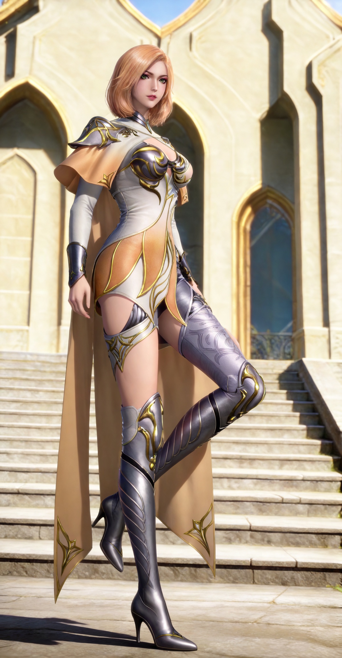 masterpiece,high quality,tall,game cg,highres,(soft light:1.2),(white_skin:0.6),(shiny_skin:0.6),(realistic:1.1),lvjing,,,hair_ornament,blonde hair,medium hair,shoulder armor,cleavage cutout,cape,makeup,asymmetrical clothes,huliena white and yellow dress,armored boots,high heel boots,single thighhigh,knee boots,thigh boots,1girl,solo,simple background,looking_at_viewer,green eyes,standing,large breasts,cleavage,full body,walking,stair,day,