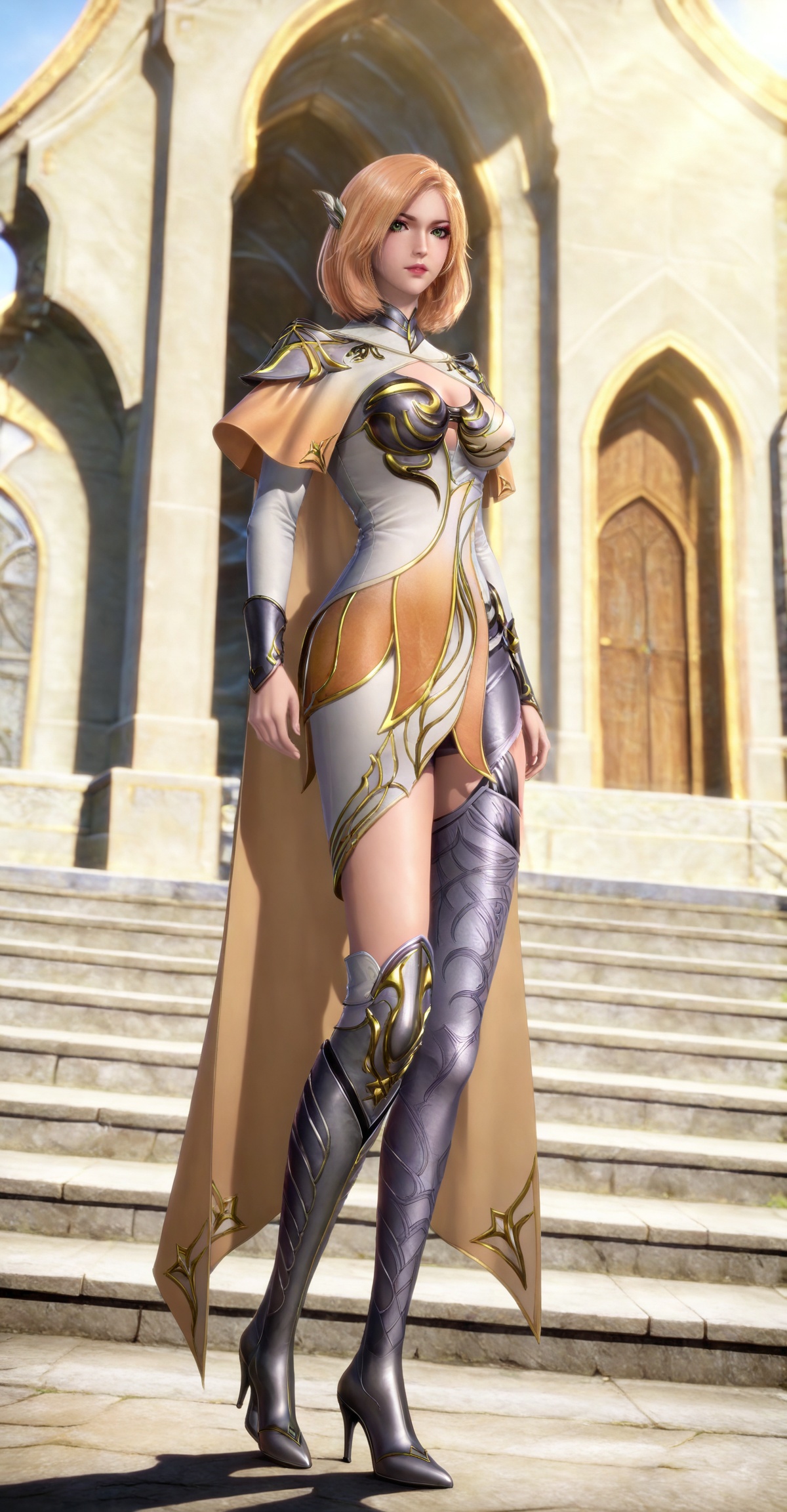masterpiece,high quality,tall,game cg,highres,(soft light:1.2),(white_skin:0.6),(shiny_skin:0.6),(realistic:1.1),lvjing,,,hair_ornament,blonde hair,medium hair,shoulder armor,cleavage cutout,cape,makeup,asymmetrical clothes,huliena white and yellow dress,armored boots,high heel boots,single thighhigh,knee boots,thigh boots,1girl,solo,simple background,looking_at_viewer,green eyes,standing,large breasts,cleavage,full body,walking,stair,day,