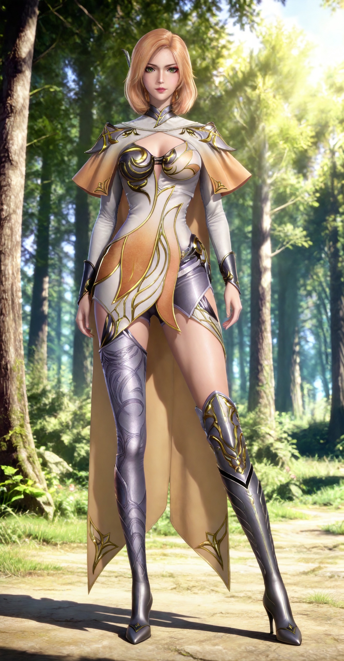 masterpiece,high quality,tall,game cg,highres,(soft light:1.2),(white_skin:0.6),(shiny_skin:0.6),(realistic:1.1),lvjing,,,hair_ornament,blonde hair,medium hair,shoulder armor,cleavage cutout,cape,makeup,asymmetrical clothes,huliena white and yellow dress,armored boots,high heel boots,single thighhigh,knee boots,thigh boots,1girl,solo,,looking_at_viewer,green eyes,standing,large breasts,cleavage,full body,day,shadow,white background,nature,