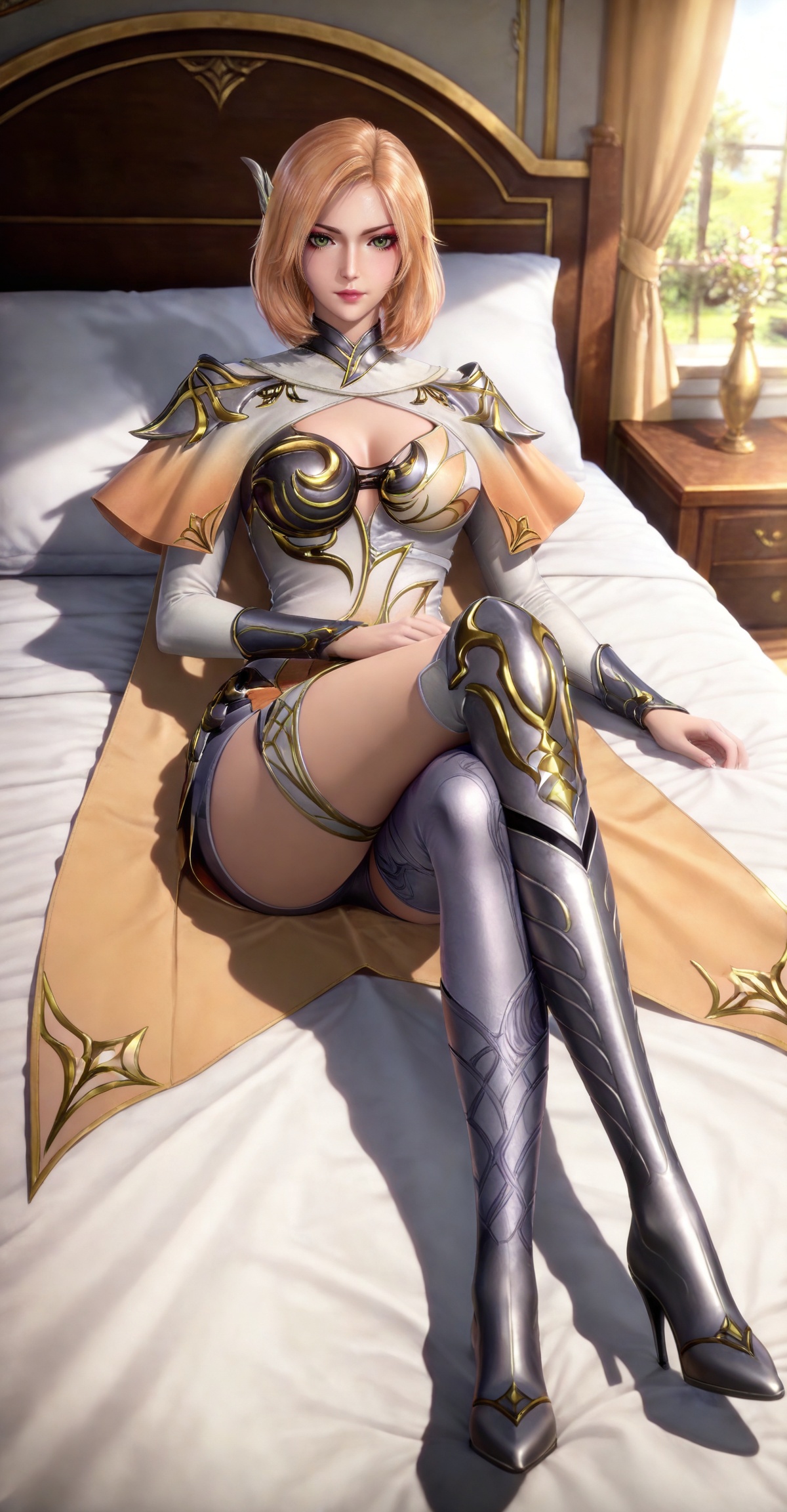 masterpiece,high quality,tall,game cg,highres,(soft light:1.2),(white_skin:0.6),(shiny_skin:0.6),(realistic:1.1),lvjing,,,hair_ornament,blonde hair,medium hair,shoulder armor,cleavage cutout,cape,makeup,asymmetrical clothes,huliena white and yellow dress,armored boots,high heel boots,single thighhigh,knee boots,thigh boots,1girl,solo,,looking_at_viewer,green eyes,large breasts,cleavage,full body,day,shadow,crossed legs,bed,liying,on back,