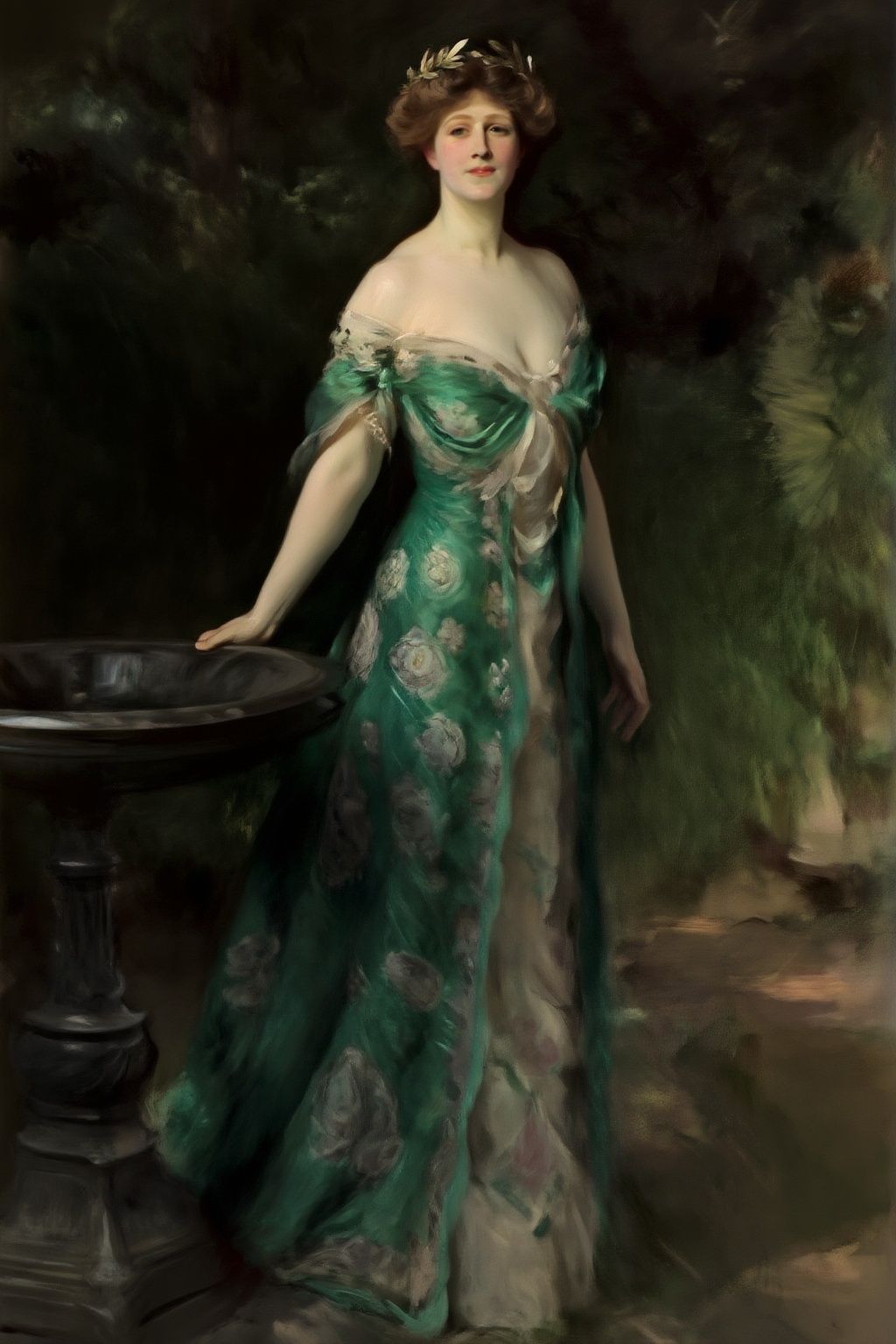 johnsingersargent9z painting. Tall woman standing outdoors in an elegant,  flowing green gown with intricate floral patter...