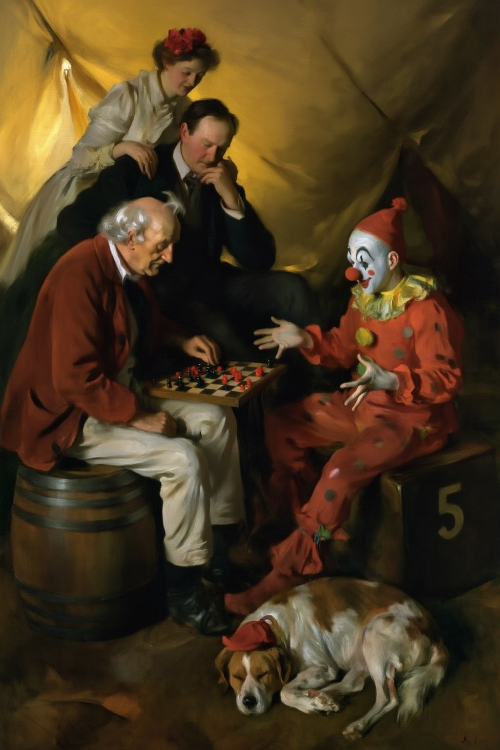johnsingersargent9z painting. A scene inside a warm,  yellow-lit tent. On the right sits a clown in a red,  spotted costum...