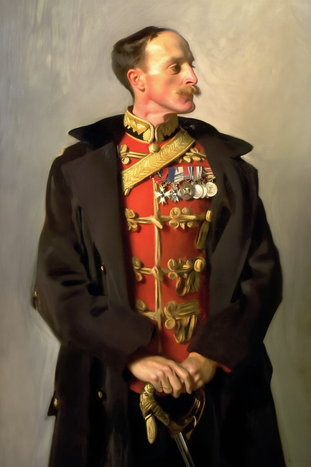 johnsingersargent9z painting. Mustachioed man with short hair in a formal military uniform. He wears a red coat adorned wi...