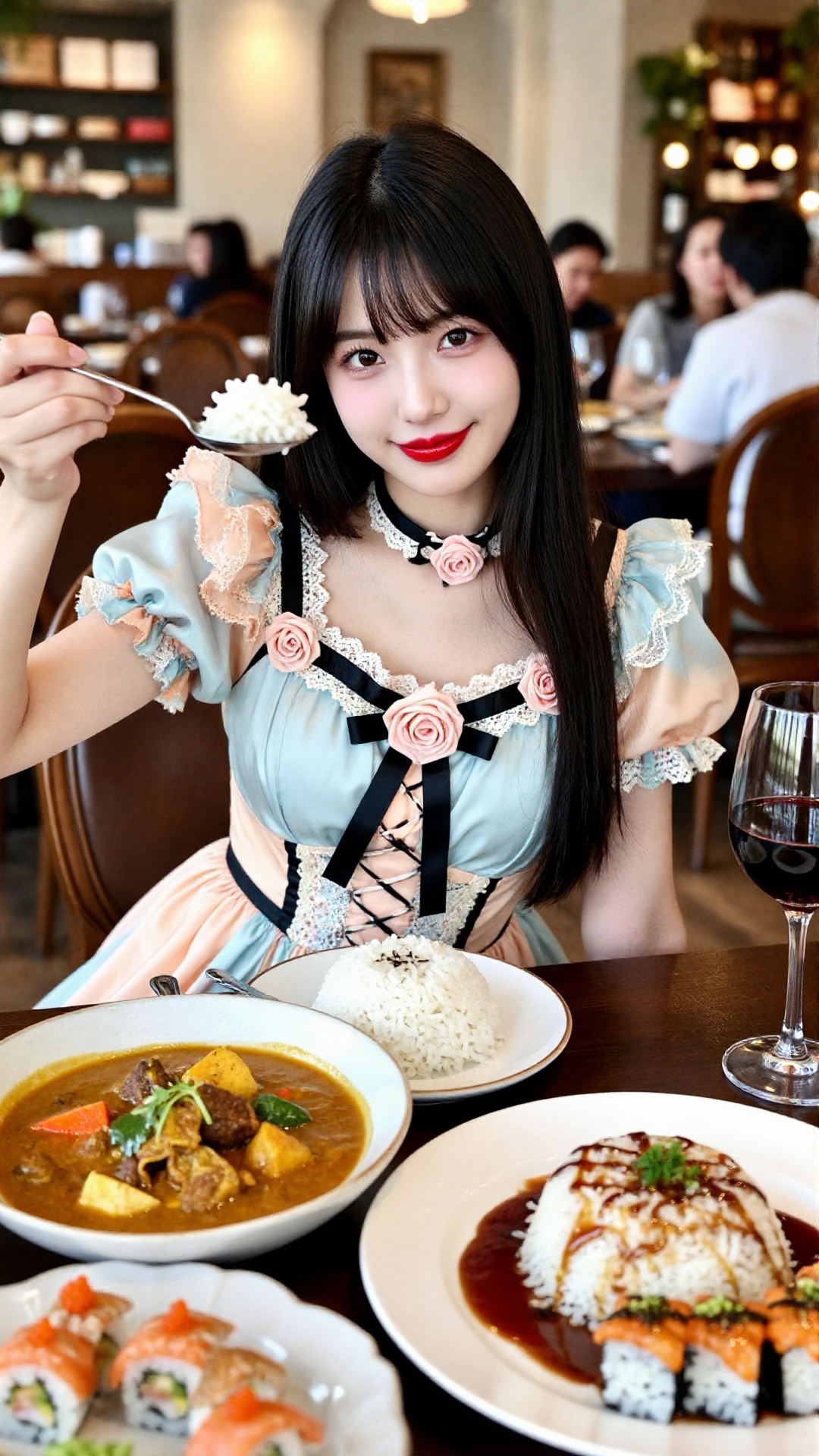 画面中,  一位二十岁出头的迷人亚裔女性坐在餐厅的餐桌旁,  镜头从中拍摄 by Singuen on Tensor.Art