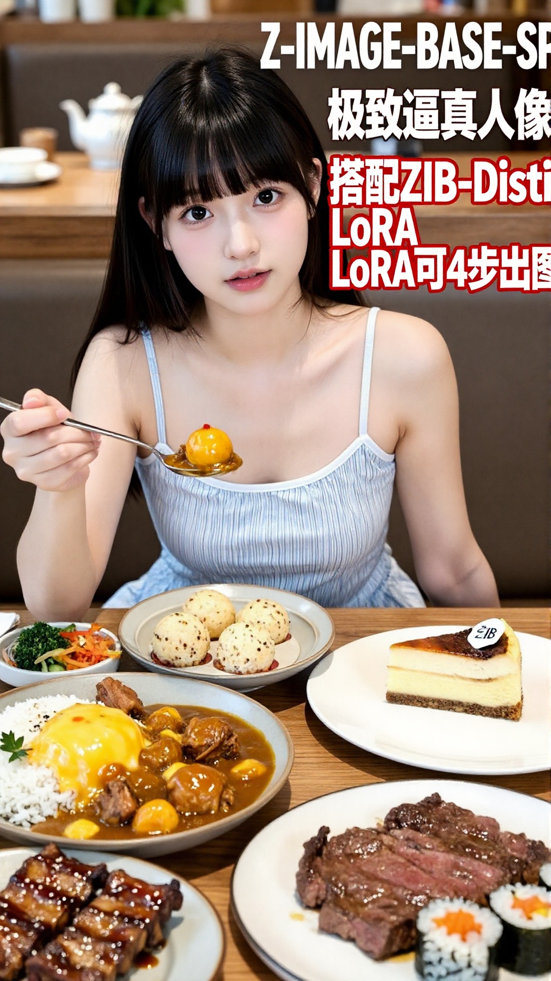 一位大约18岁的年轻亚裔女性坐在桌旁,  面向观众,  她留着齐刘海的黑色长发 by Singuen on Tensor.Art