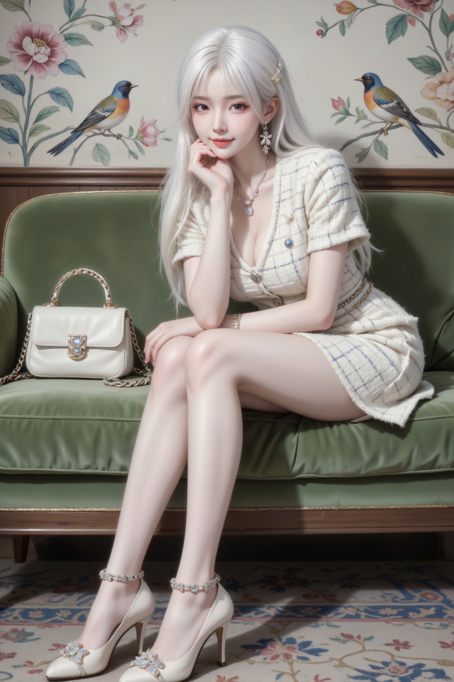 杰作级画质,顶级图像精度,超高清细节渲染,单人女性角色,（白色亮丽的长发：1.4）,（比例优越的纤细长腿：1.3）,（肌肤白皙光滑的匀称美腿：1.4）,（挺拔饱满的D 罩杯曲线：1.4）,（精致立体的美颜五官：1.4）,美颜全开,光滑油亮的皮肤,水嫩的肌肤,,傲人身材,C-cup,一个女孩,白色头发,
真实摄影,佩戴耳饰,身穿米白色粗花呢短袖连衣裙,搭配米白色水钻高跟鞋,身旁有白色链条手提包,侧身坐于绿色丝绒沙发,手托下巴,姿态优雅,背景是带花鸟图案的壁画与花纹地毯,光线柔和,氛围雅致复古,整体风格优雅、时尚,充满轻奢室内的氛围感,（电影级面光：1.6）,（光线追踪：1.5）,（冷白皮漫感质感的光滑皮肤：1.7）,（人物有最好的骨相：1.2）,（网感脸：1.6）,身材完美,莫兰迪配色,高颜值网红,INS风,幼态脸,19岁女生尖下巴,三庭五眼比例均衡,身材娇小,细腻陶瓷水嫩肌肤,偏冷白皮,随机的妆容,随机的饰品,随机的动作,侧光,发丝轻飘,凌乱,随机角度拍摄,总体有很多的不确定性,但又好看,
风格甜美少女系,氛围慵懒俏皮,东方美女,年轻娇小,冷白皮气质美女,薇薇纯欲风,皮肤白皙,偶像气质,fairskin,气质的江南美女子,有点甜美,皮肤美白透亮,表情可爱,甜美氛围,细腻笔触,独特韵味的美,可爱表情