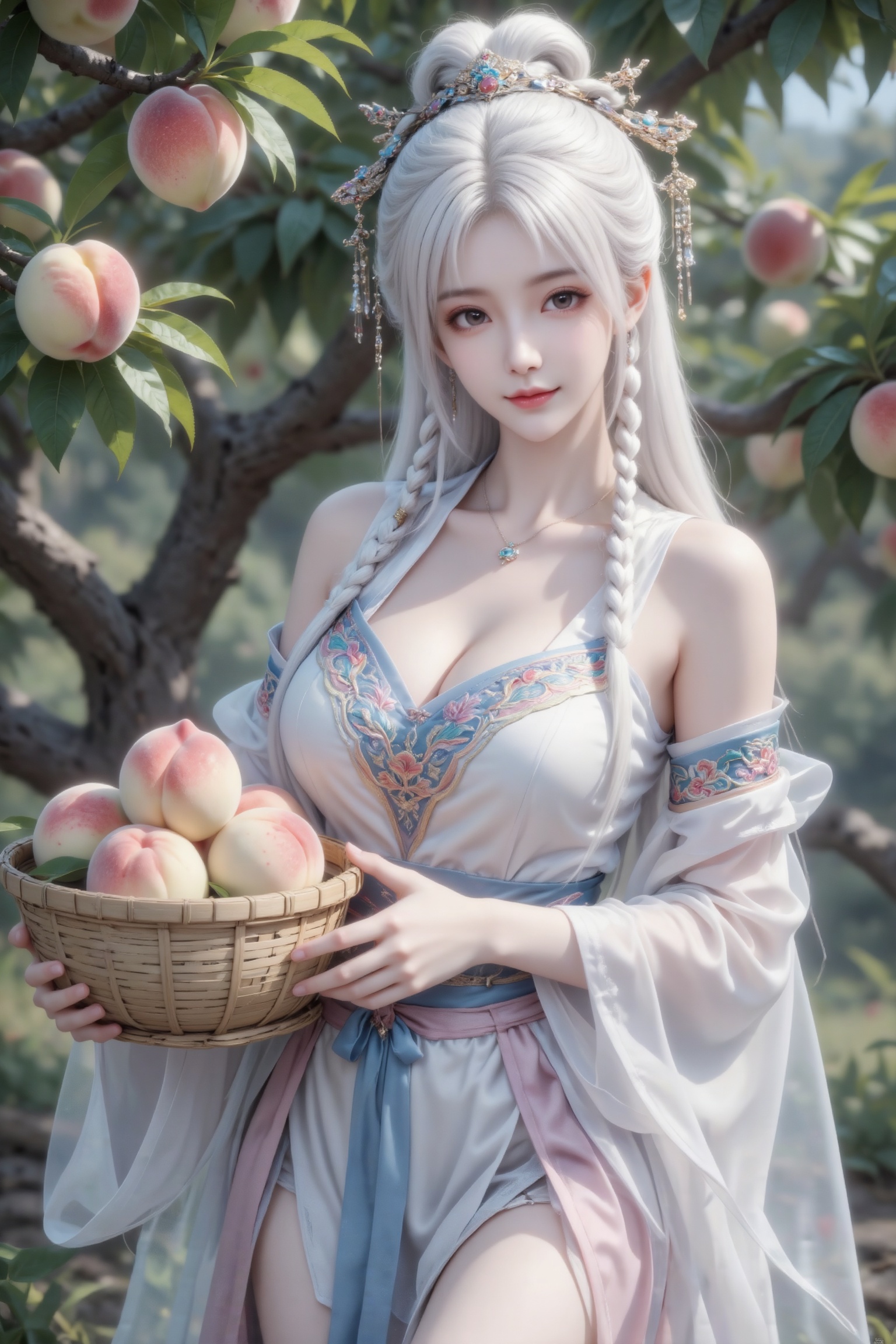 杰作级画质,顶级图像精度,超高清细节渲染,单人女性角色,（白色亮丽的长发：1.4）,（比例优越的纤细长腿：1.3）,（肌肤白皙光滑的匀称美腿：1.4）,（挺拔饱满的D 罩杯曲线：1.4）,（精致立体的美颜五官：1.4）,美颜全开,光滑油亮的皮肤,水嫩的肌肤,,傲人身材,C-cup,一个女孩,黑色头发,
（电影级面光：1.6）,（光线追踪：1.5）,（冷白皮漫感质感的光滑皮肤：1.7）,（人物有最好的骨相：1.2）,（网感脸：1.6）,（网感妆：1.6）身材完美,莫兰迪配色,高颜值网红,INS风,幼态脸,19岁女生尖下巴,三庭五眼比例均衡,身材娇小,细腻陶瓷水嫩肌肤,偏冷白皮,随机的妆容,随机的饰品,随机的动作,侧光,发丝轻飘,凌乱,随机角度拍摄,总体有很多的不确定性,但又好看,
风格甜美少女系,氛围慵懒俏皮,东方美女,白色古典盘发,年轻娇小,冷白皮气质美女,薇薇纯欲风,皮肤白皙,偶像气质,fairskin,气质的江南美女子,有点甜美,皮肤美白透亮,表情可爱,甜美氛围,细腻笔触,独特韵味的美,构图优美,绝美角度拍摄,天宫仙娥,繁复垂挂髻,垂挂两缕小辫,搭配头饰首饰,穿仙侠风格唯美服饰,交领广袖款式,领口袖口有精致刺绣,绸缎提花面料、蝉翼纱披帛,高级配色,仙气唯美浪漫。她手持竹篮,在蟠桃园下挑选仙桃,半身正面照,