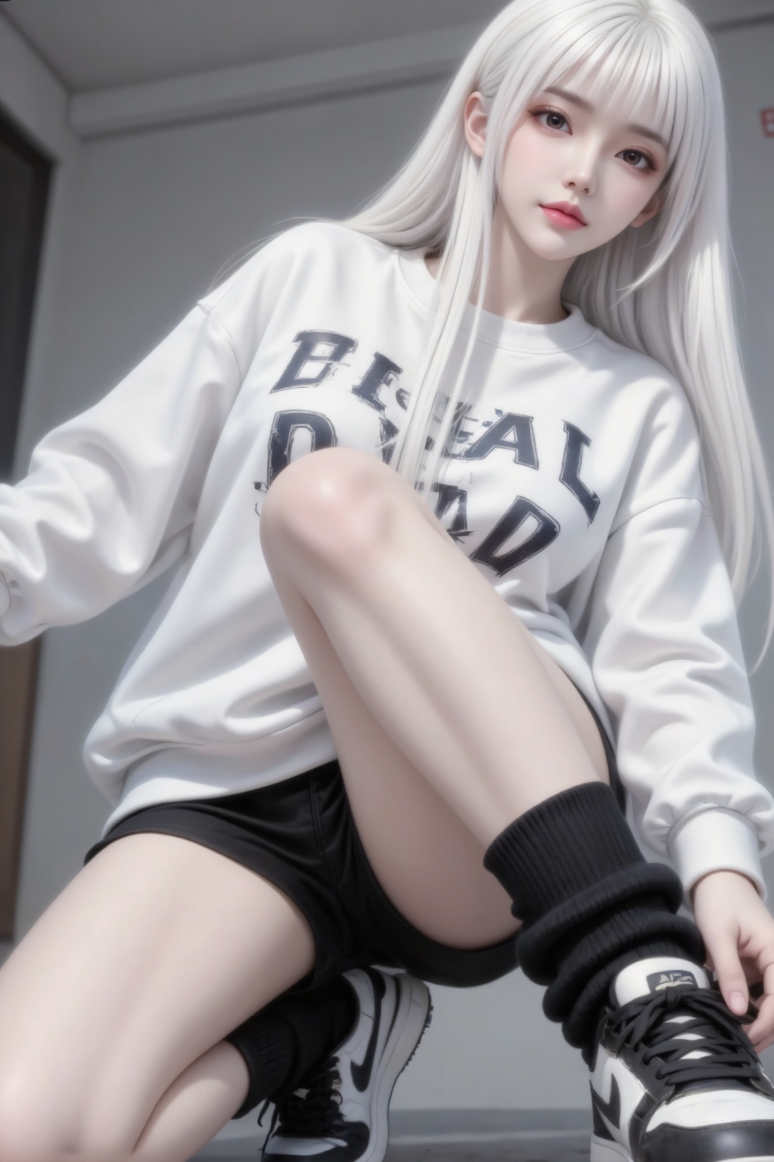 杰作级画质,顶级图像精度,超高清细节渲染,单人女性角色,（白色亮丽的长发：1.4）,（比例优越的纤细长腿：1.3）,（肌肤白皙光滑的匀称美腿：1.4）,（挺拔饱满的D 罩杯曲线：1.4）,（精致立体的美颜五官：1.4）,美颜全开,光滑油亮的皮肤,水嫩的肌肤,,傲人身材,C-cup,一个女孩,白色头发,
超高清,一位中国年轻女性,网红妆容,有着白色长直发与齐刘海,鹅蛋脸型,五官精致柔和,眉眼纤细,唇色淡粉,皮肤呈现细腻哑光质感,眼神盯着镜头,她身着宽松白色字母印花卫衣,搭配黑色短裤与黑色堆堆袜,脚穿黑白拼色运动鞋,整体为街头休闲穿搭风格。人物呈跪蹲姿态,一只手搭在鞋面上,身体微微后仰,这是一个平庸的iPhone手机拍的照片,图片略带动态模糊,角度尴尬,构图拙劣,随手一拍的快照风格,不经意间的抓拍。低角度仰拍,近距离特写,聚焦在人物腿部